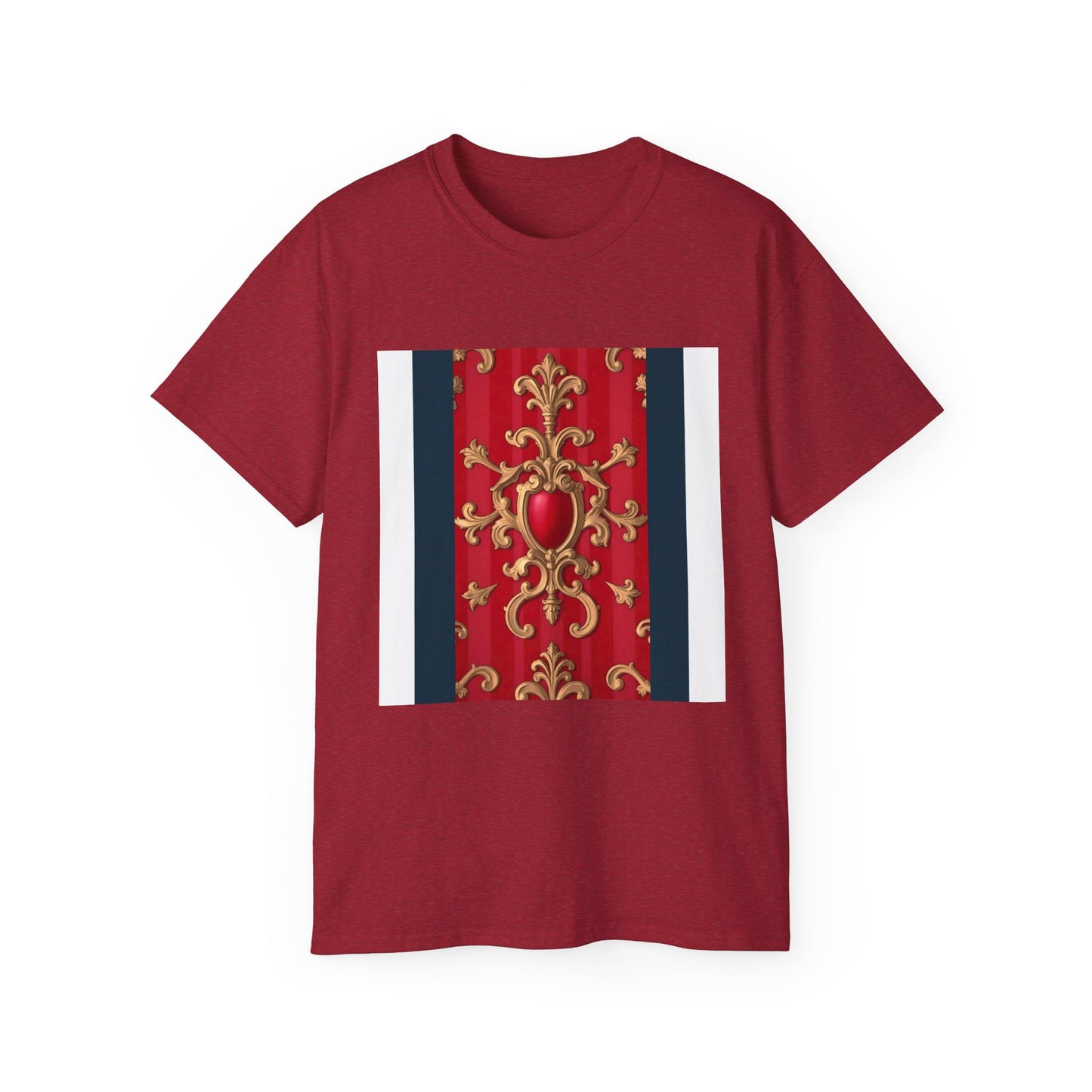 Regal Red Baroque T-Shirt, Artistic Tee, Gift for Art Lovers, Fashionable Statement Shirt, Unique Graphic Top - Blue, Red & White Striped Baroque
