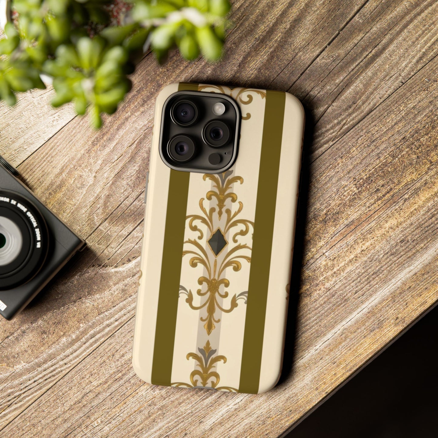 Elegant Floral Motif Phone Case - Tough Cases with Vintage Design - Olive Striped Gold Damask