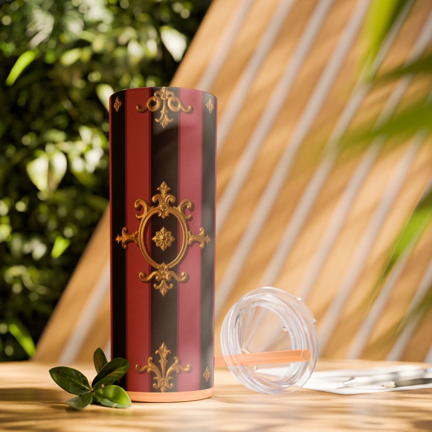 Elegant Black & Mauve Striped Gold Baroque Striped Skinny Tumbler with Straw, 20oz | Vintage Gold Accent Drinkware, Wedding Gift, Party Favor, Travel Mug