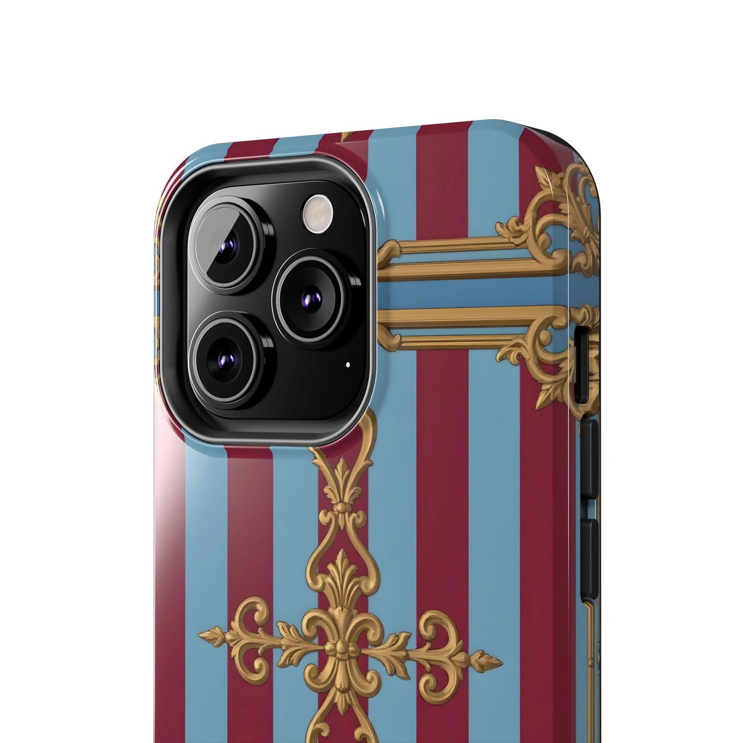 Elegant Patterned Tough Phone Cases, Stylish Phone Cover, Durable Phone Protection, Unique Gift Idea - Sky Blue & Maroon Striped Baroque