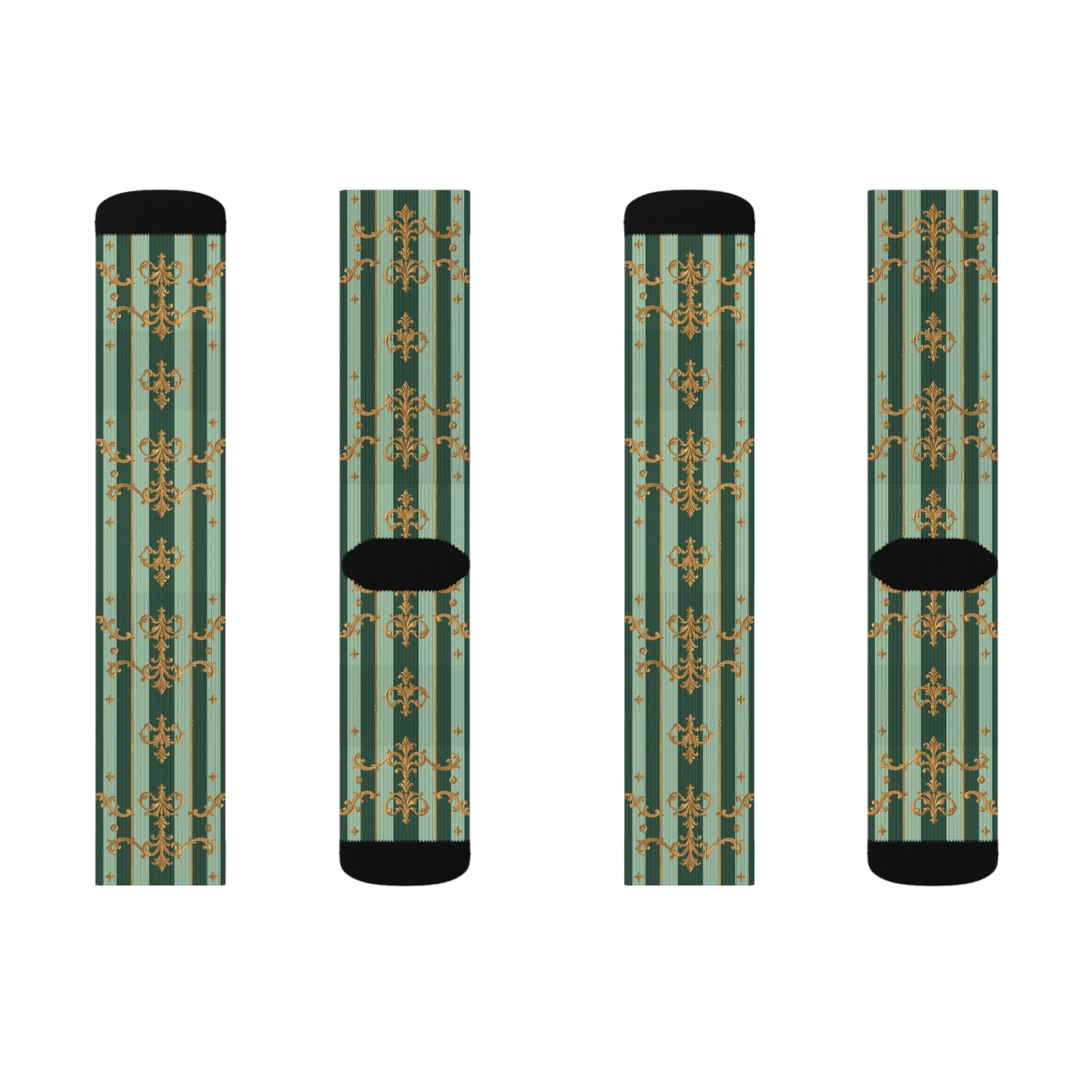 Chic Sublimation Socks for Everyday Comfort, Unique Fashion Socks, Gift for Him/Her, Stylish Casual Wear - Mint Green & Teal Striped Gold Baroque