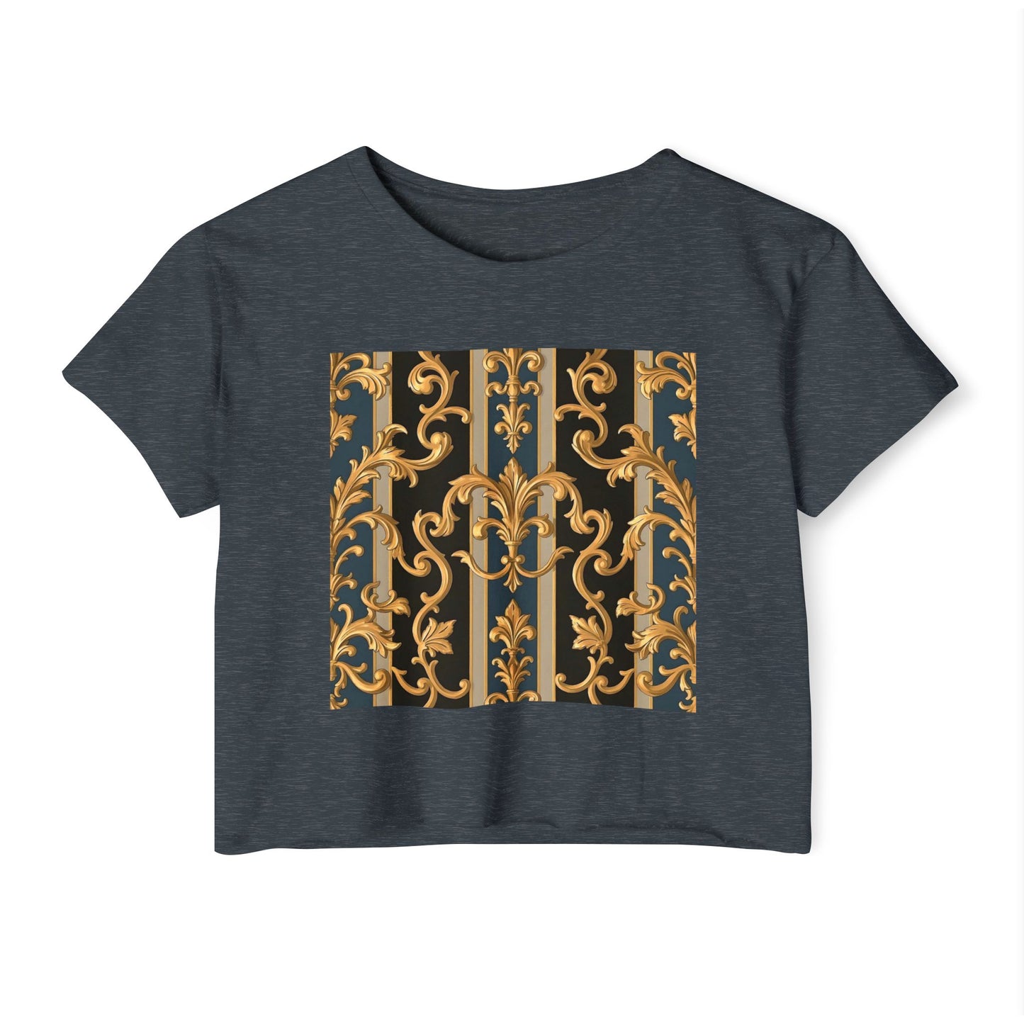 Women’s Festival Crop Top with Stylish Floral Pattern - Summer Outfit, Boho Chic, Concert Wear - Blue & Black Striped Rococo