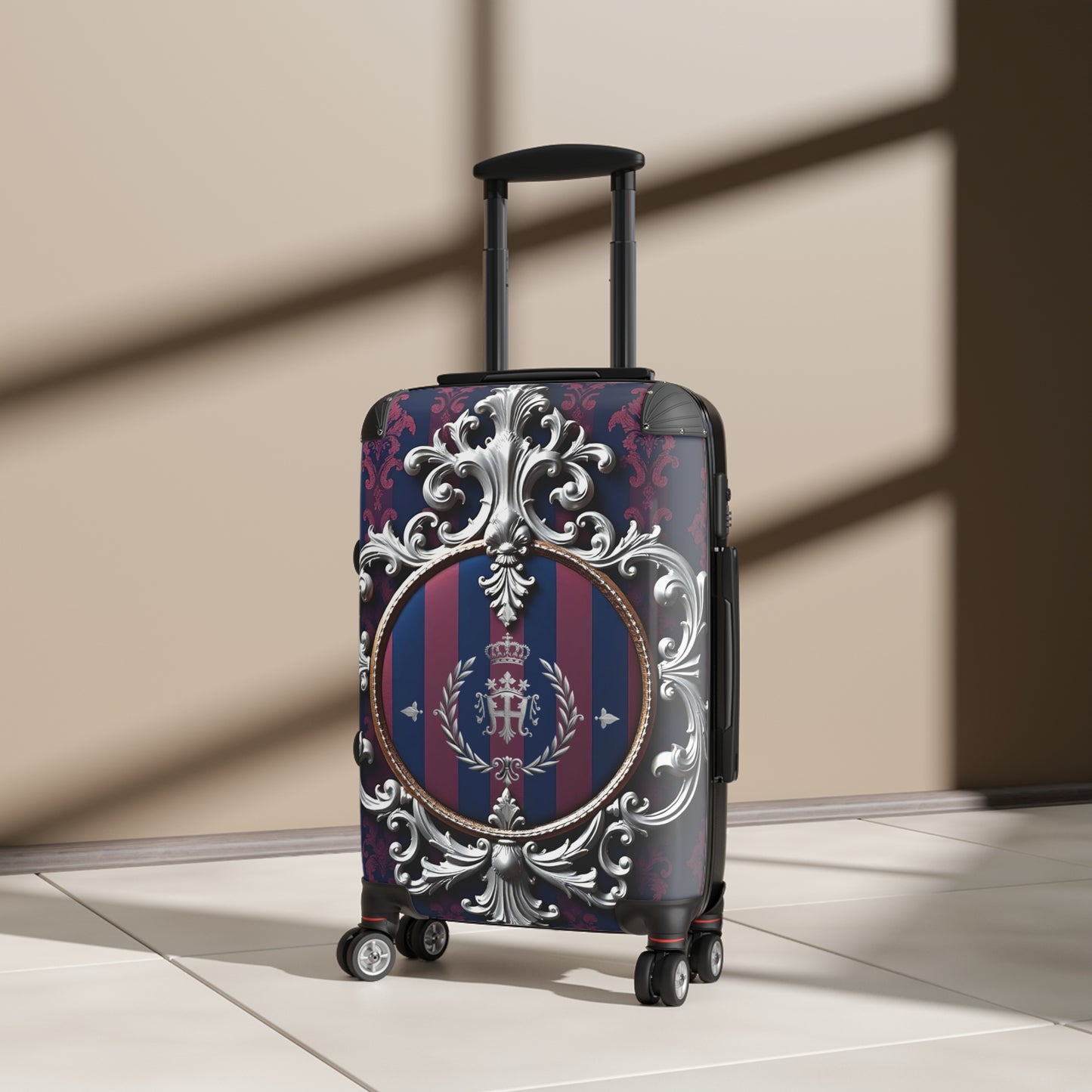 Elegant Suitcase for Travel, Stylish Luggage, Vintage Design Carry-On, Perfect for Adventures, Stylish Getaways - Blue & Plum Striped Silver Crest