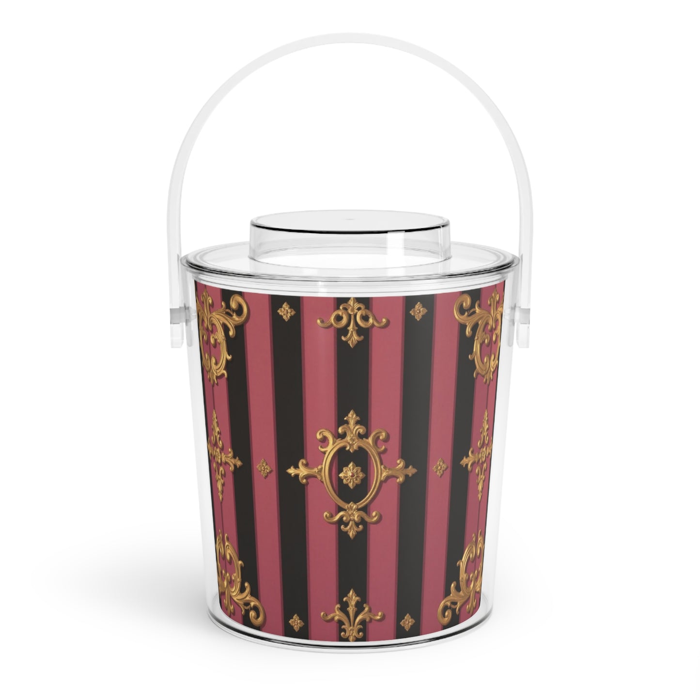 Elegant Black & Mauve Striped Gold Baroque Ice Bucket with Tongs, Barware Accessory, Decorative Cooler, Gift for Hosts, Holiday Decor