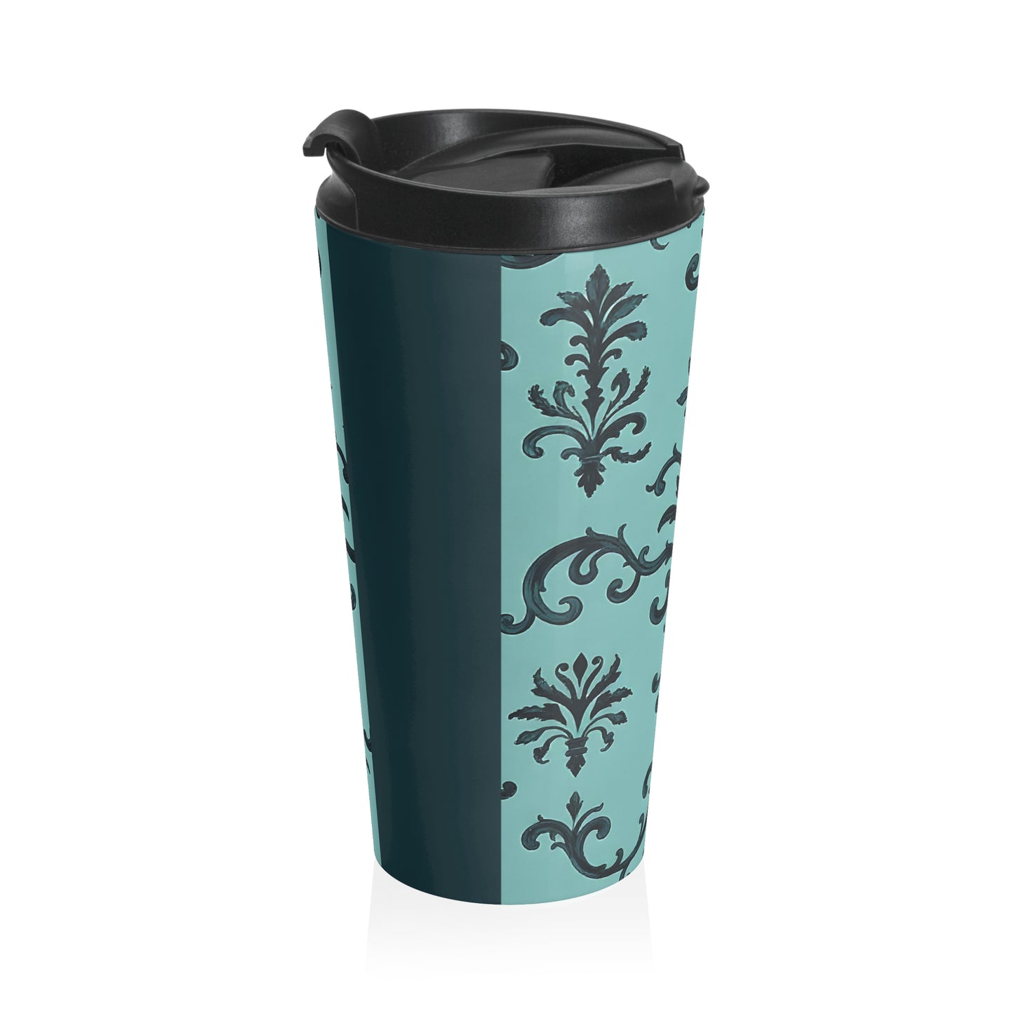 Elegant Floral Travel Mug for Coffee Lovers, Stylish Insulated Travel Cup, Gift for Her, Perfect for Work, Eco-Friendly Drinkware - Teal Striped Rococo