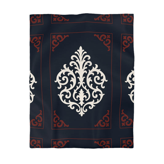 Dusk Blue-Maroon & White Baroque Microfiber Duvet Cover — Dusk Blue & White Decorative Bedding