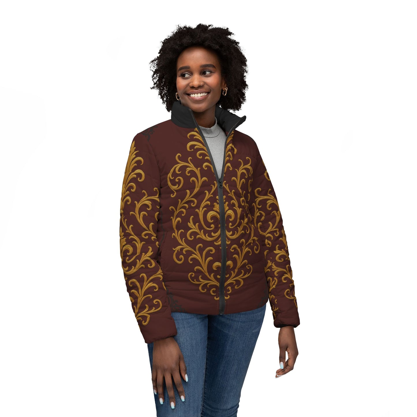 Dusk Burgundy-Black & Gold Baroque Women's Puffer Jacket – Elegant Gold Baroque Print