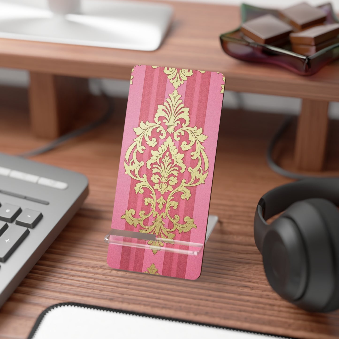 Elegant Floral Smartphone Display Stand - Pink Striped Damask - Decorative Mobile Holder