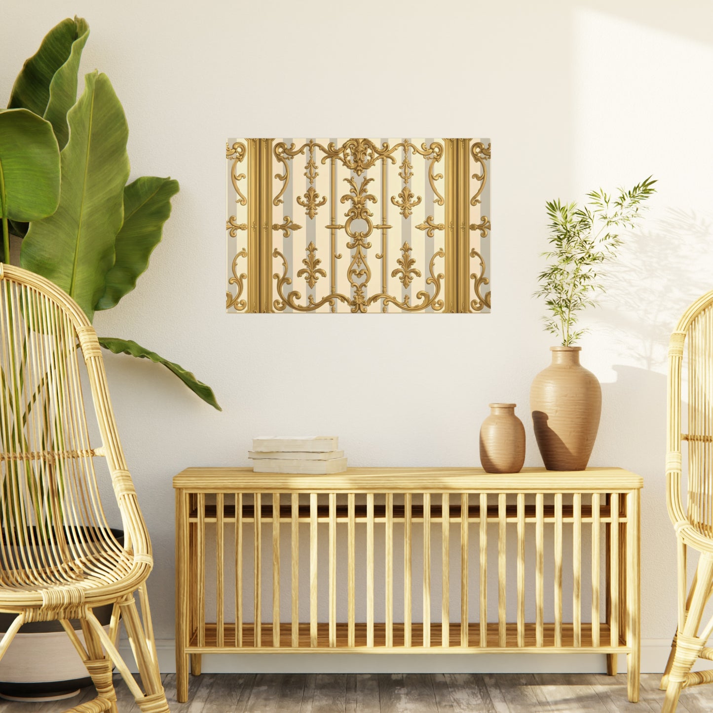 Elegant Ornate Foam Board Art - Luxury Wall Décor, Home Decoration, Versatile Display Board - Matte Gray & Cream Striped Gold Baroque