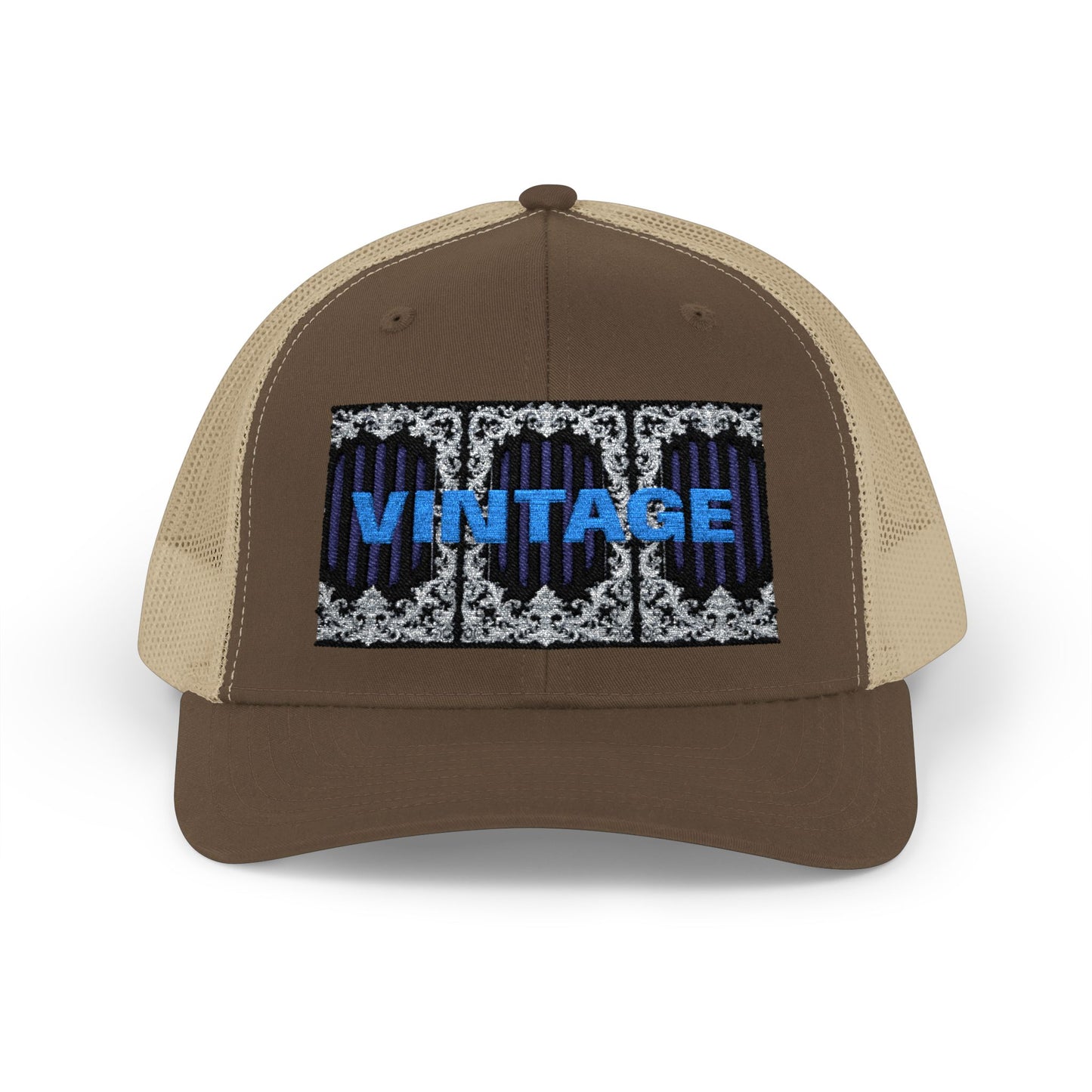 Vintage Navy Stripes & Baroque Trucker Cap — Retro 'VINTAGE' Embroidered Snapback