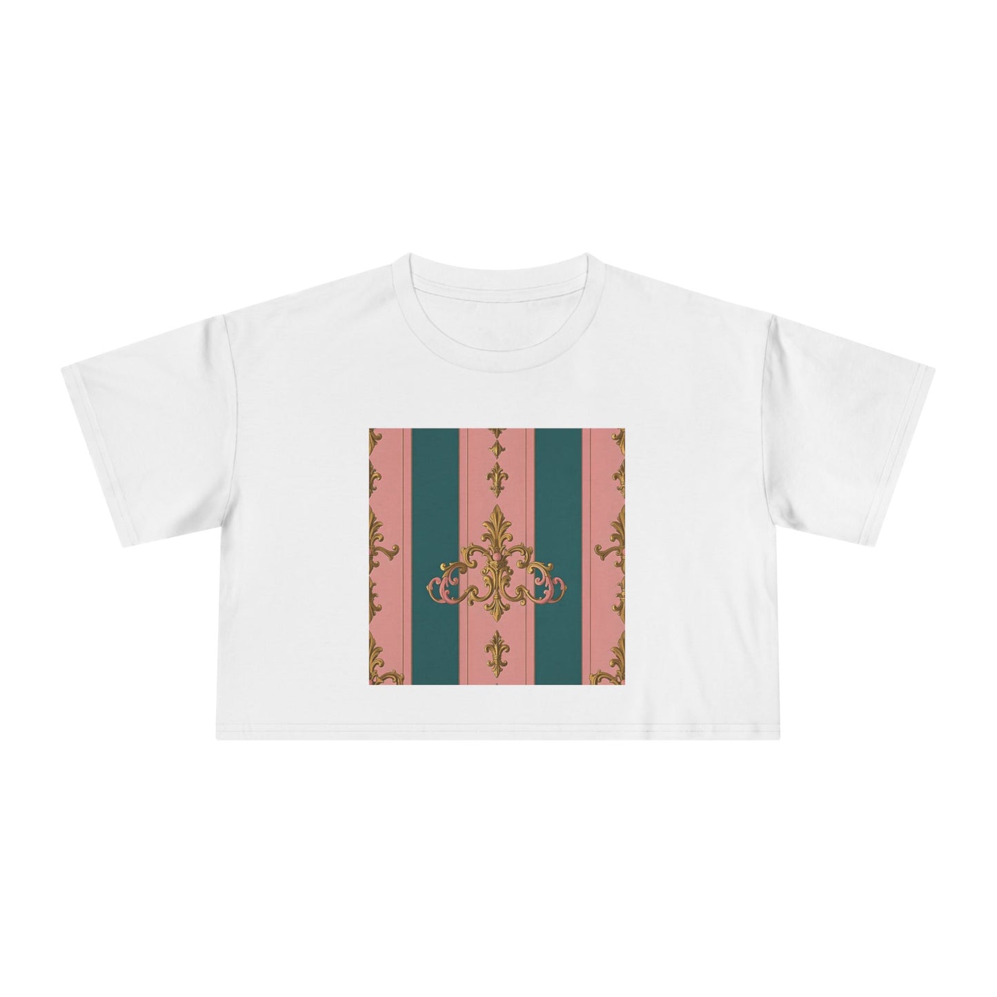 Baroque Vintage Women's Crop Tee, Casual Top, Summer Fashion, Trendy Shirt, Graphic T-Shirt, Gift for Her - Pink & Teal Striped Gold Baroque