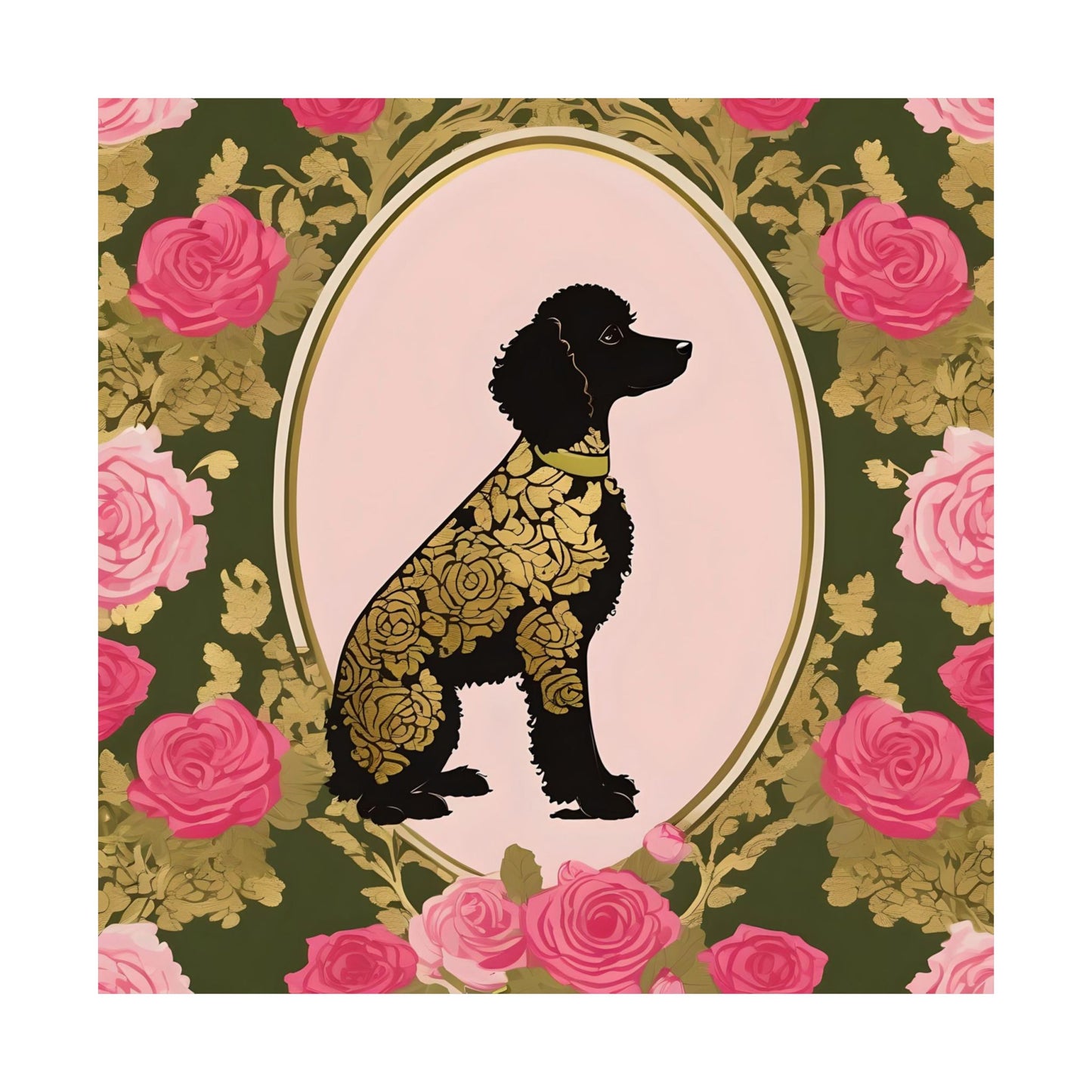 Vertical Poster - Elegant Matte Floral Art Wall Decor - Damask Black & Gold Poodle in Olive & Pink Roses