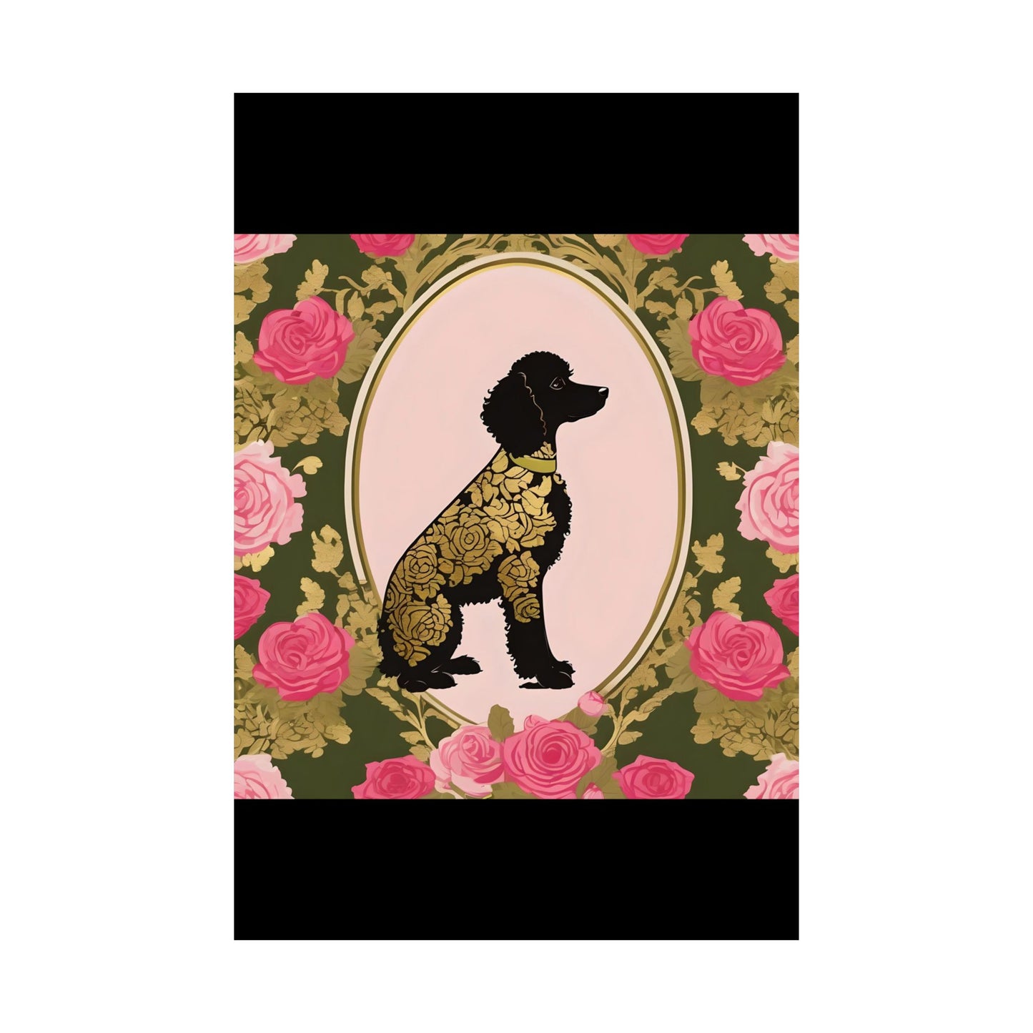 Vertical Poster - Elegant Matte Floral Art Wall Decor - Damask Black & Gold Poodle in Olive & Pink Roses