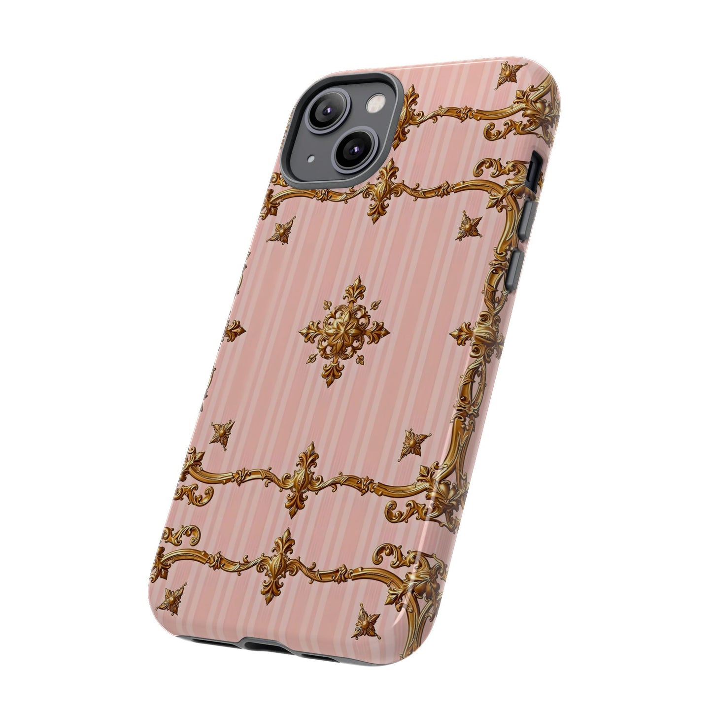 Elegant Floral Phone Case, Tough Cases for Women, Trendy Phone Cover, Chic Gift - Pink Striped Gold Baroque