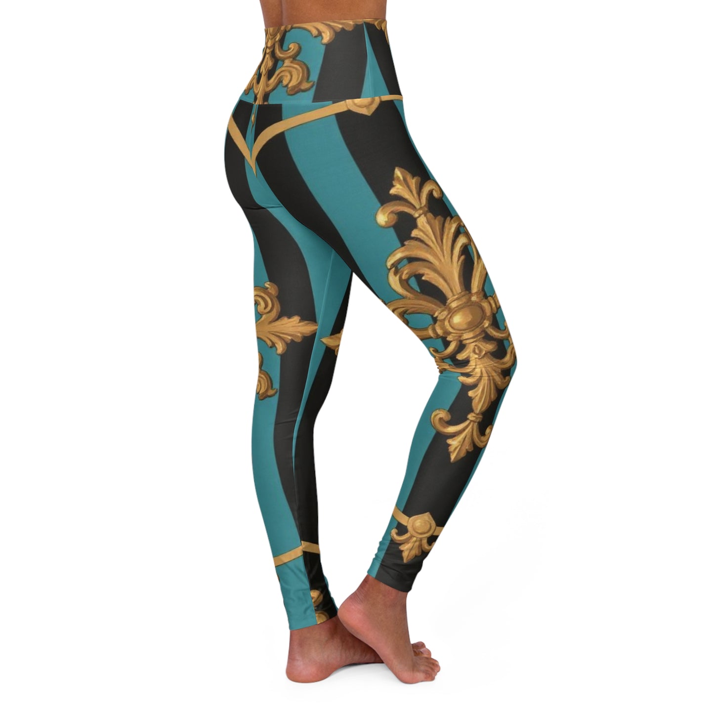 Luxurious Turquoise & Black Striped Gold Baroque High Waisted Yoga Leggings, Fashion Activewear, Workout Leggings, Gym Clothes