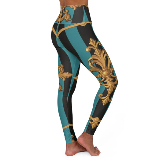 Luxurious Turquoise & Black Striped Gold Baroque High Waisted Yoga Leggings, Fashion Activewear, Workout Leggings, Gym Clothes