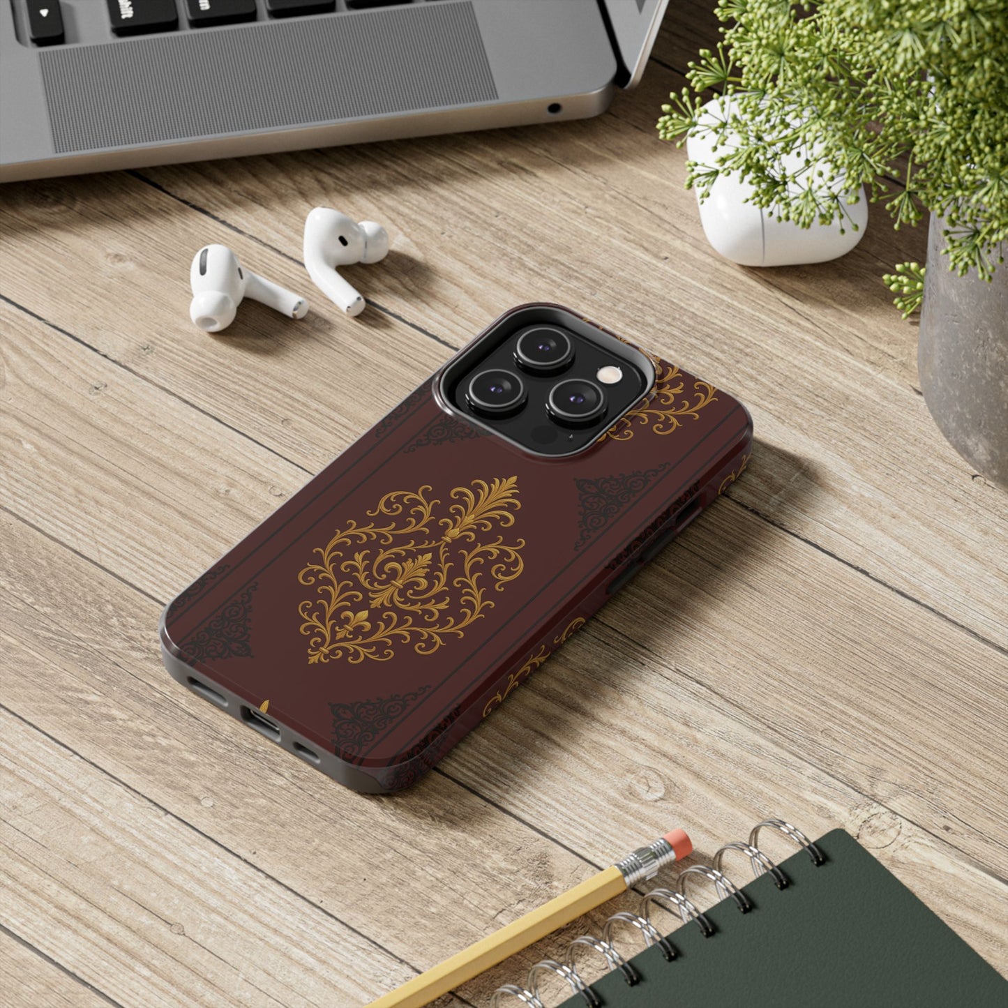 Dusk Burgundy-Black & Gold Baroque Tough Phone Case — Ornate Gold Baroque on Burgundy