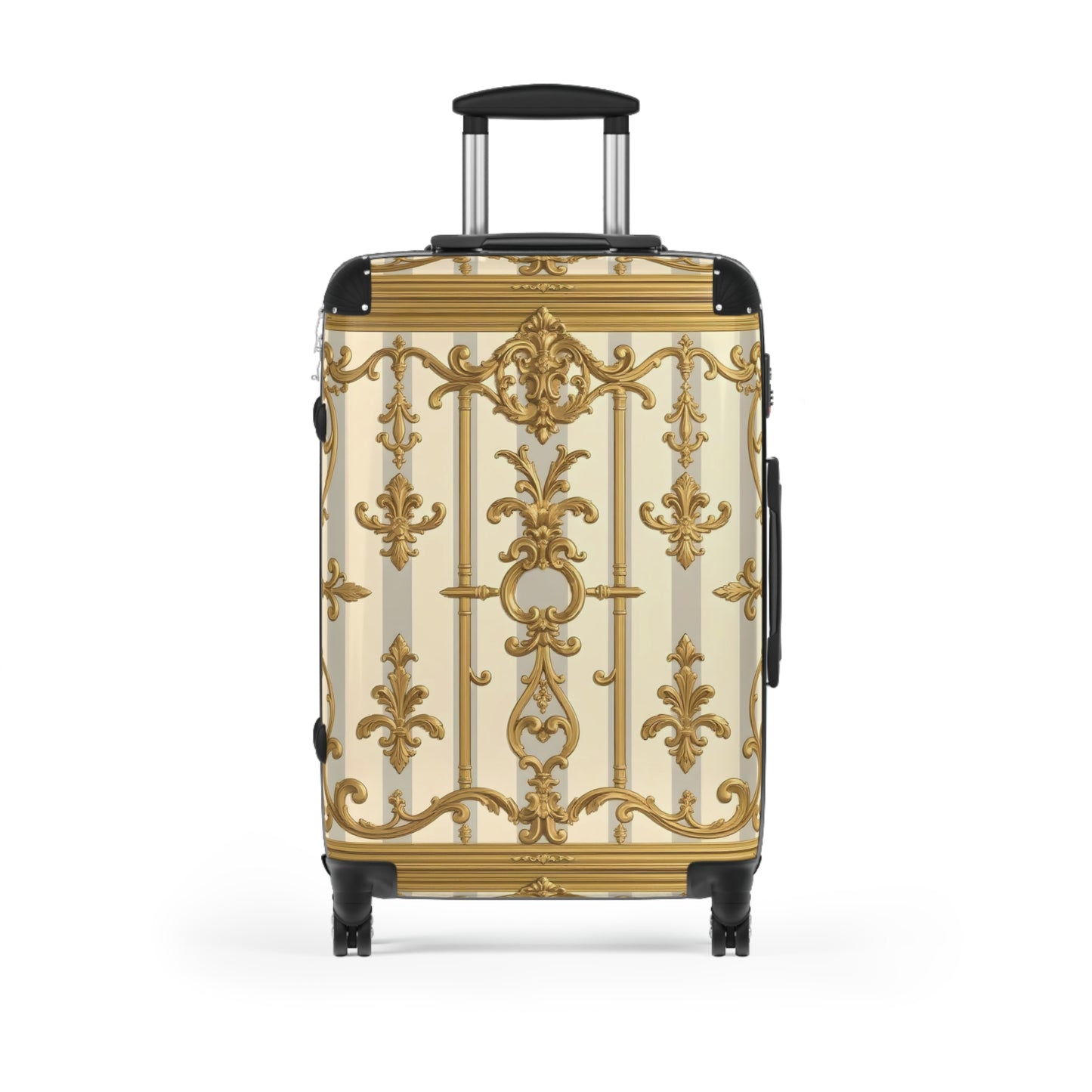 Elegant Travel Suitcase with Vintage Gold Design, Stylish Luggage, Fashionable Carry-On, Travel Gifts - Matte Gray & Cream Striped Gold Baroque