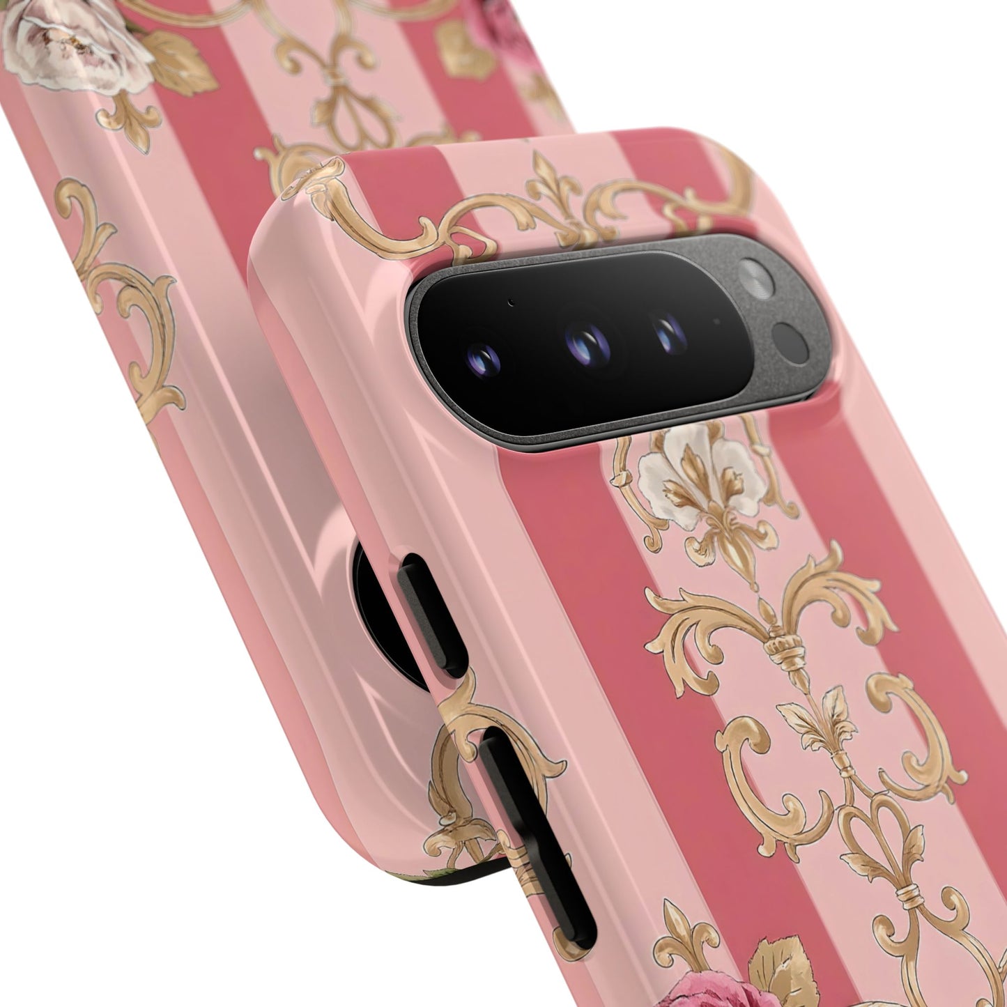 Elegant Floral Motif Phone Case - Tough Cases with Vintage Design - Pink Striped Roses & Damask