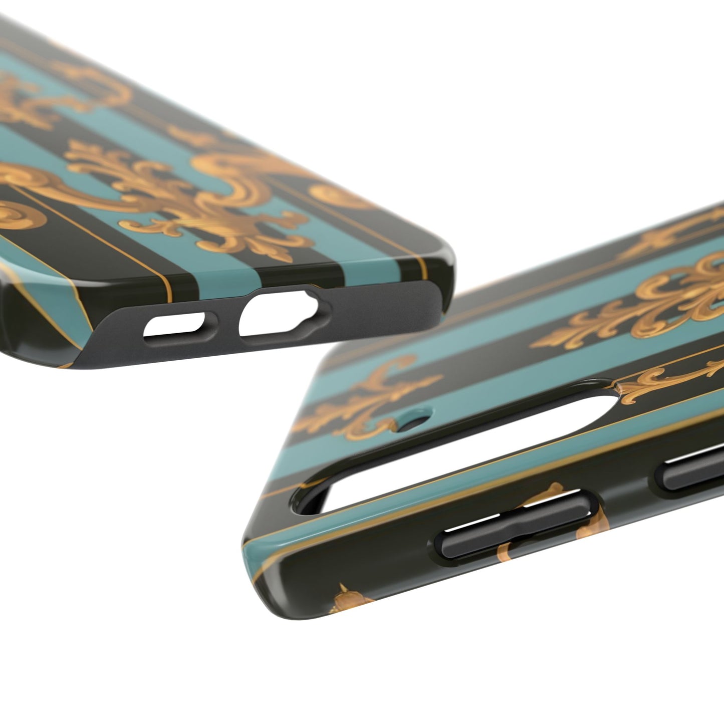 Elegant Baroque Tough Phone Case, Stylish Phone Cover, Durable iPhone Case, Unique Gift - Black & Turquoise Striped Baroque