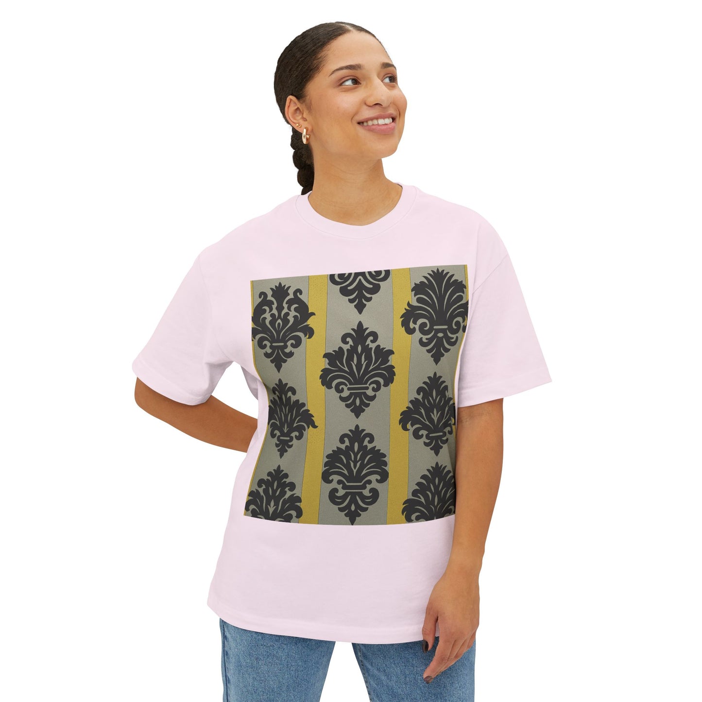 Chic Unisex Oversized Tee, Stylish Casual Wear, Statement Tee, Everyday Comfort, Fashion Gift - Silver & Gold Striped Black Baroque