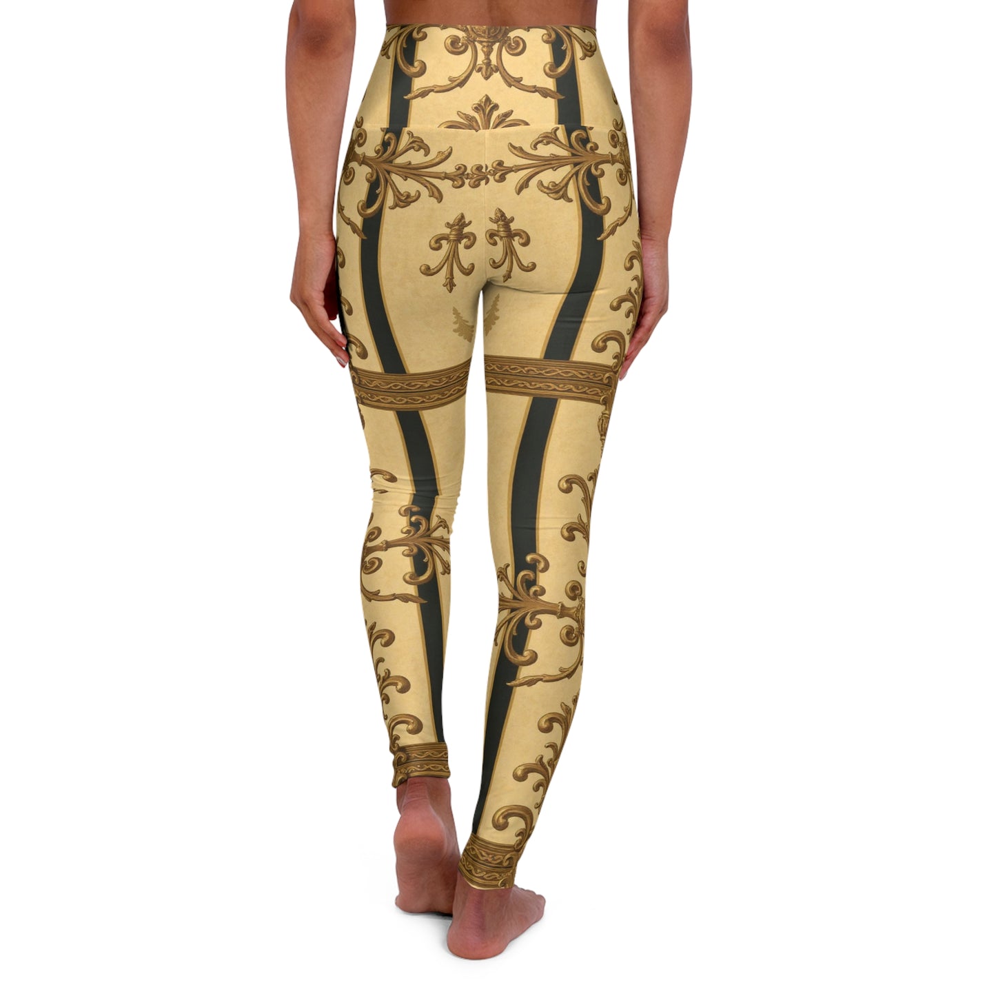 Elegant High Waisted Yoga Leggings, Stylish Activewear, Fitness Apparel, Comfortable Workout Pants - Matte Yellow Striped Antique Rococo