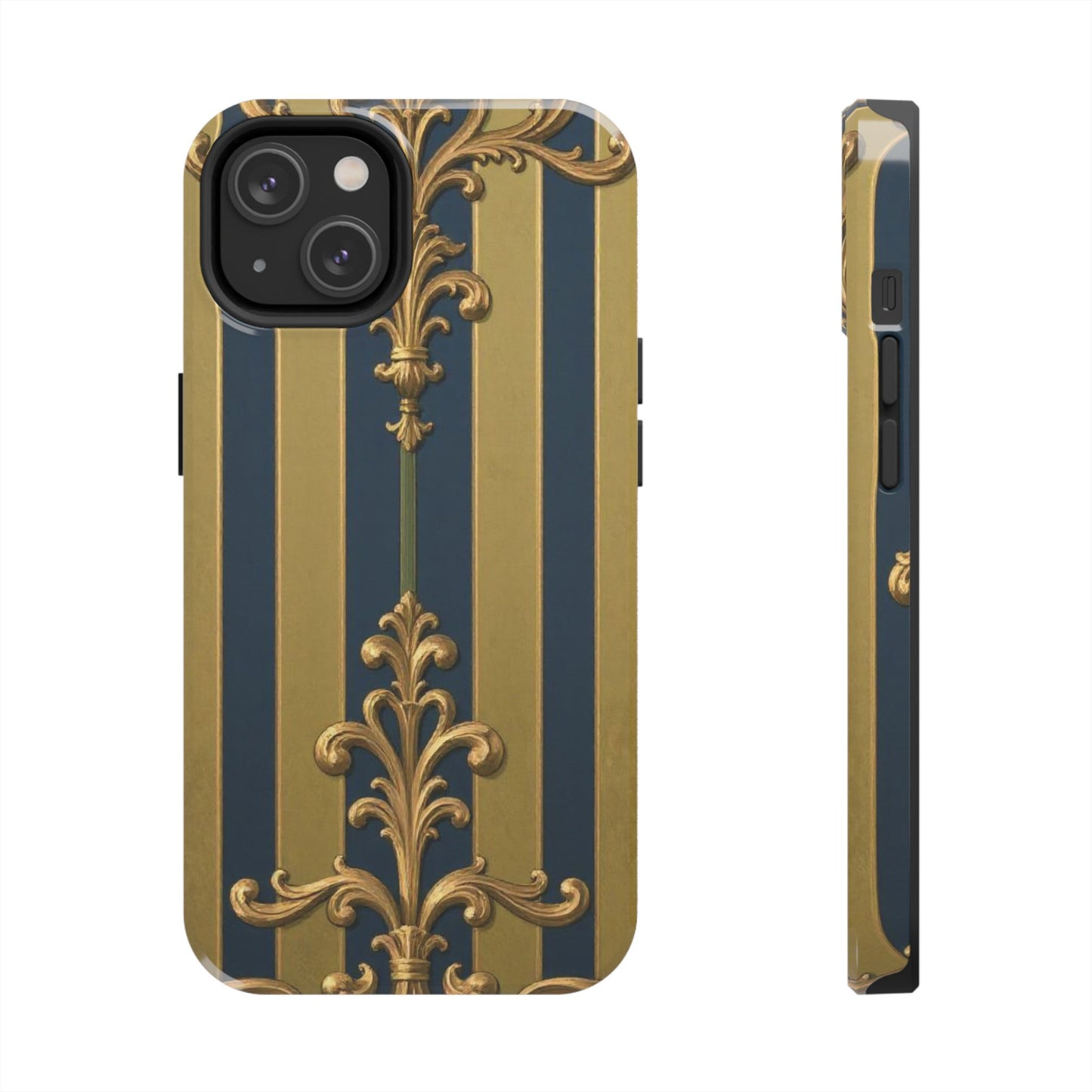Elegant Midnight Blue & Olive Striped Gold Baroque Tough Phone Case, Phone Cover, Durable Case for Protection, Stylish Gift for Him/Her