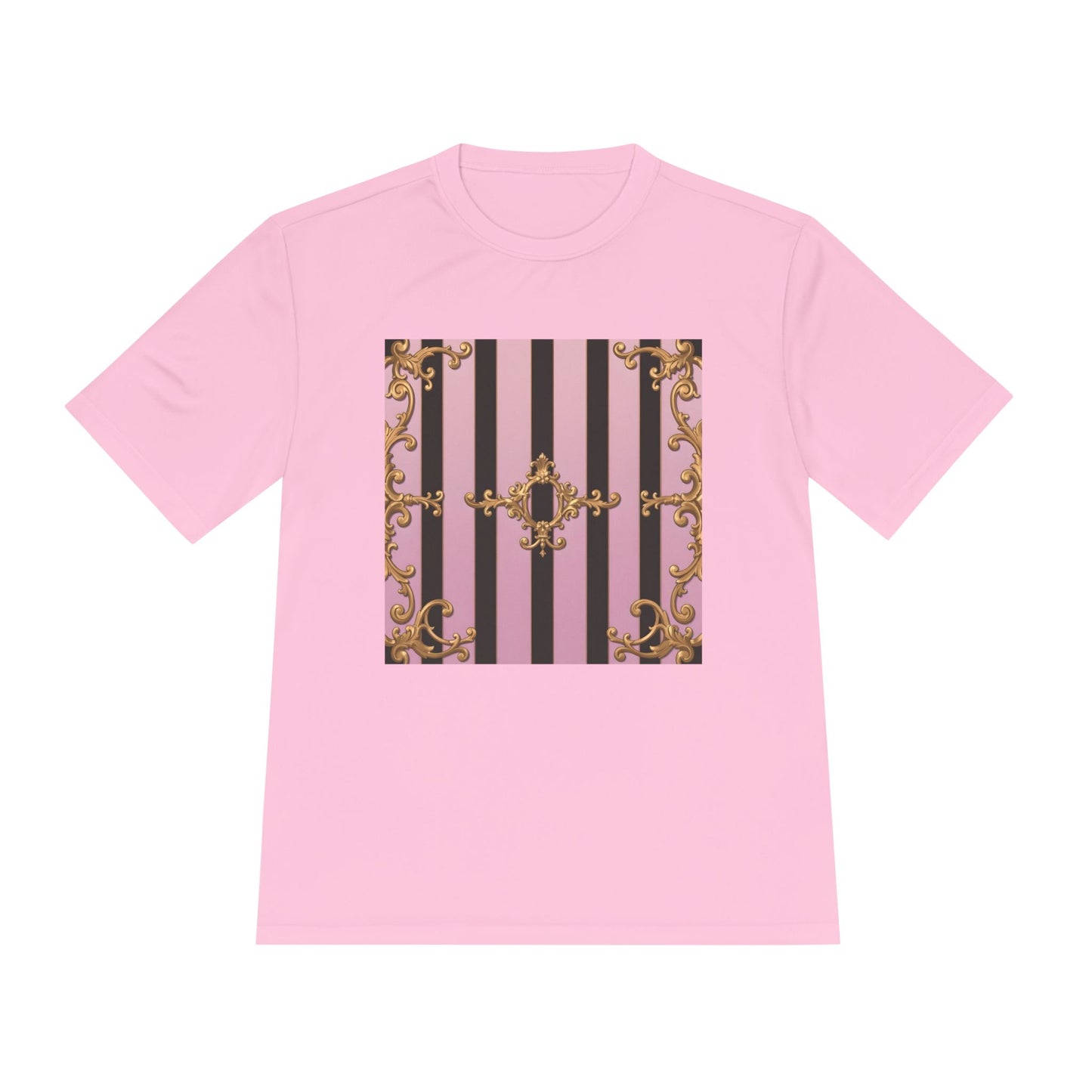 Elegant Striped Unisex Moisture Wicking Tee, Stylish Workout T-Shirt, Fashionable Athletic Top - Matte Lavender & Black Striped Gold Baroque