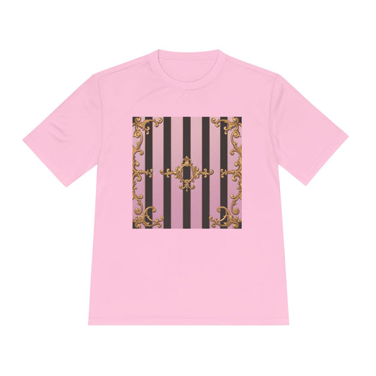 Elegant Striped Unisex Moisture Wicking Tee, Stylish Workout T-Shirt, Fashionable Athletic Top - Matte Lavender & Black Striped Gold Baroque