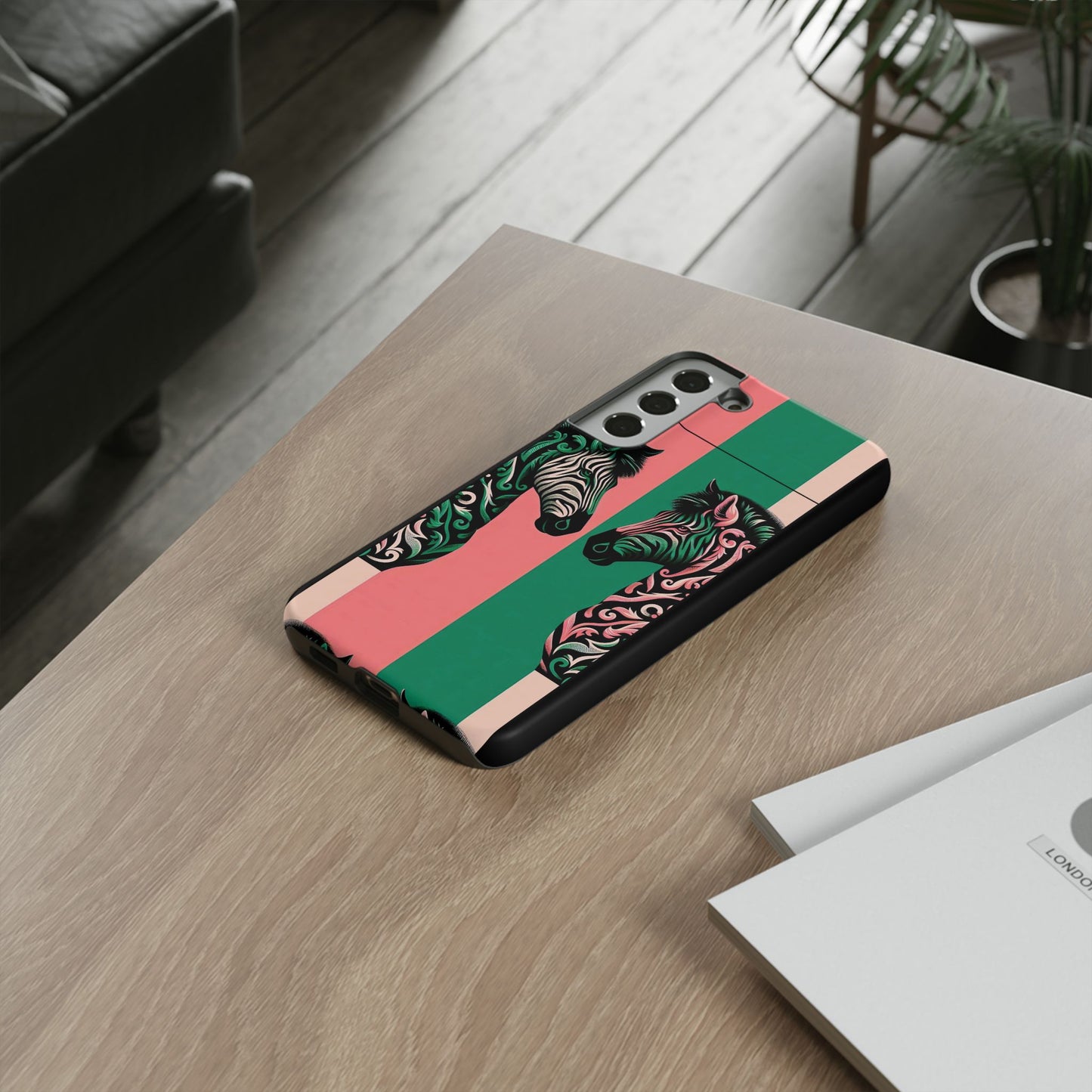 Phone Case - Elegant Pink & Green Zebra Damask Design