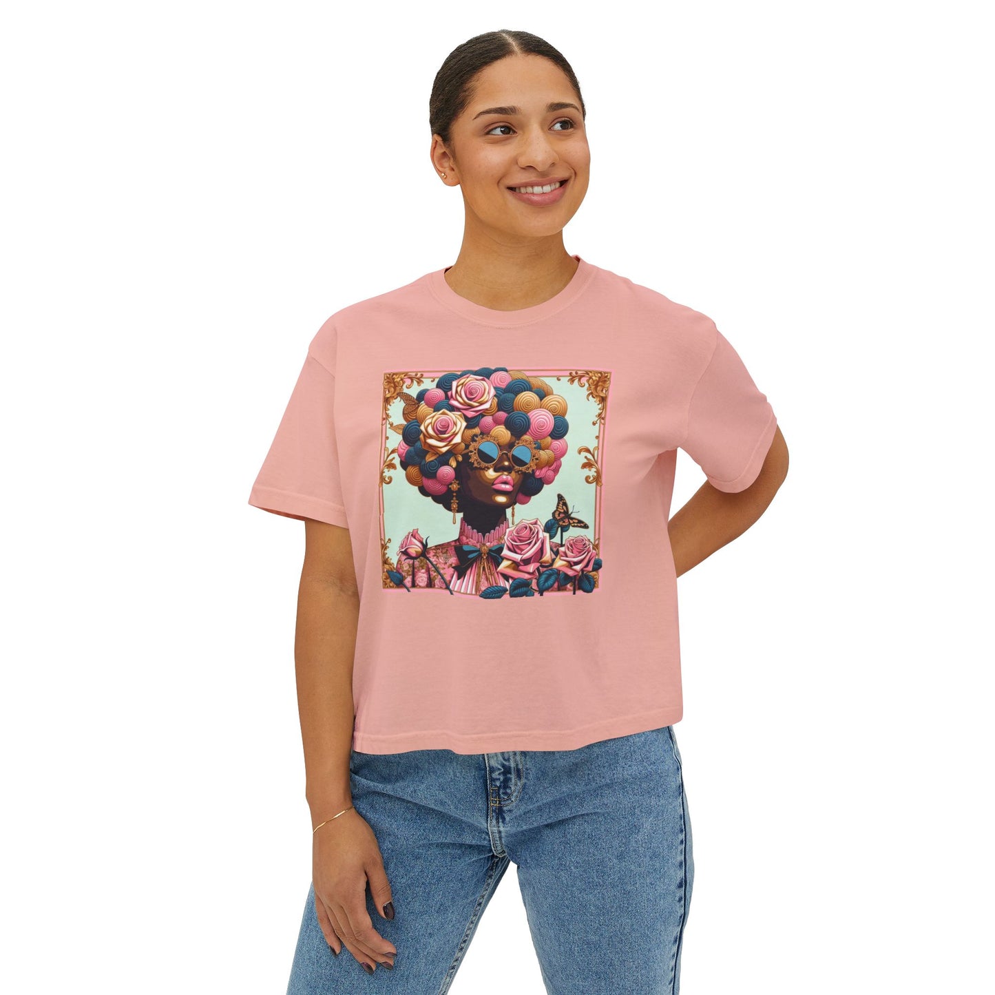 Colorful Afro Woman Boxy Tee, Feminine Graphic T-Shirt, Trendy Casual Wear, Gift for Her, Summer Outfit - Lady In Pink Baroque