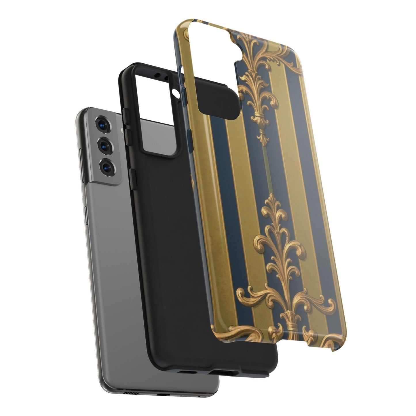 Elegant Midnight Blue & Olive Striped Gold Baroque Tough Phone Case, Phone Cover, Durable Case for Protection, Stylish Gift for Him/Her