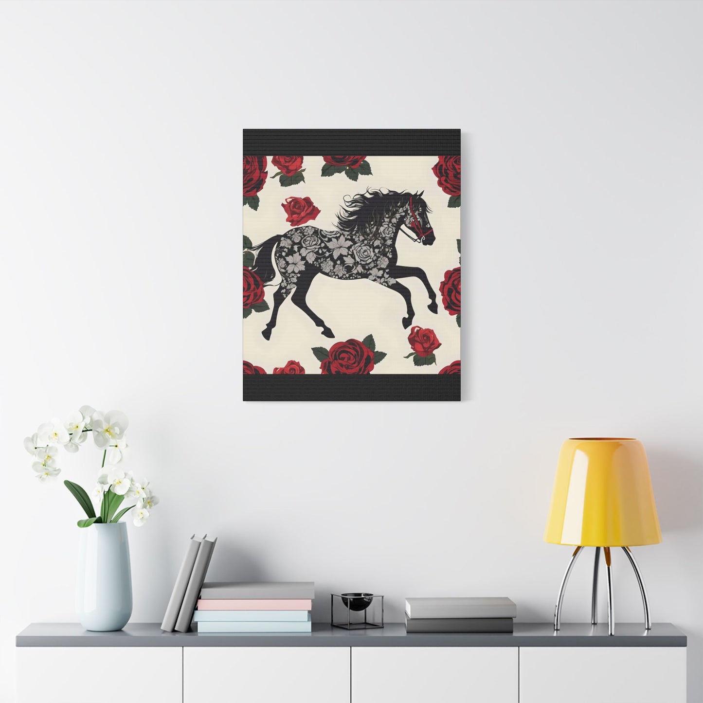 Art Print Canvas, Wall Decor, Satin Stretched Canvas, Equestrian Art, Office Decor, Home Decor - Horse & Roses