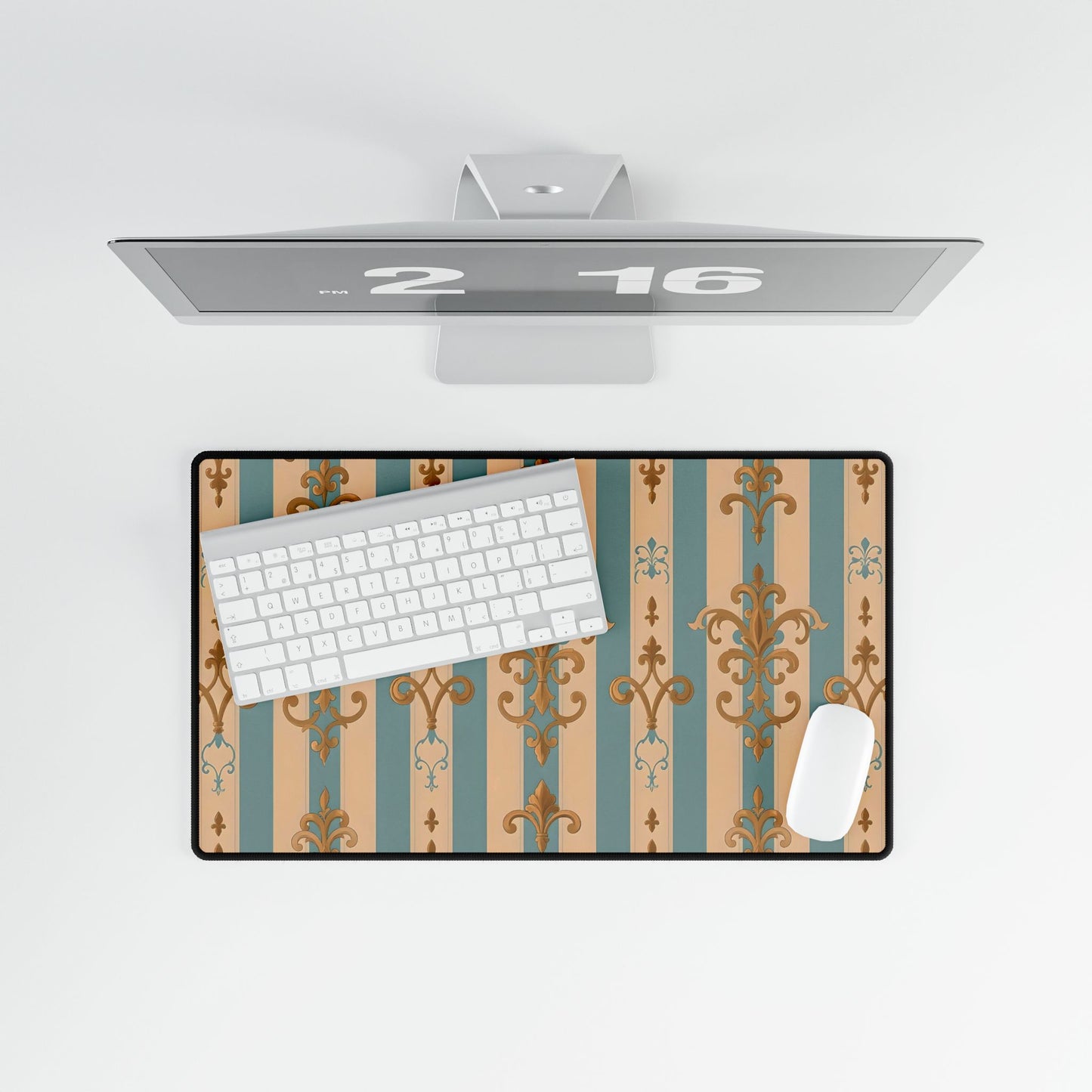 Elegant Floral Motif Desk Mat for Home Office Decor - Beige & Sky Blue Striped Gold Damask