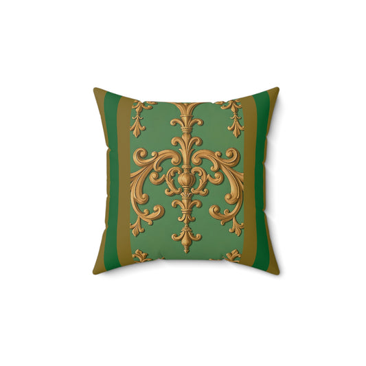 Elegant Faux Suede Square Pillow with Gold Floral Design, Throw Pillow, Home Decor, Living Room Accent, Gift for Her - Olive Green Striped Rococo