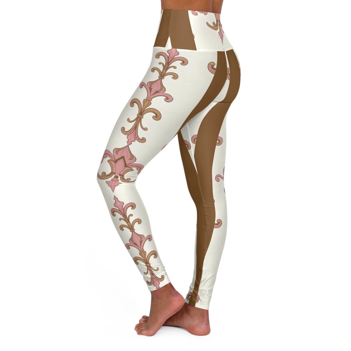 Chic High Waisted Yoga Leggings - Comfortable, Stylish Activewear for Fitness, Loungewear, Yoga - Brown Striped Pink Arabesque