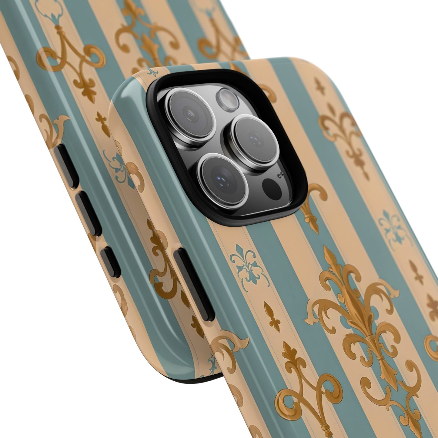 Elegant Floral Motif Phone Case - Tough Cases with Vintage Design -  Beige & Sky Blue Striped Gold Damask