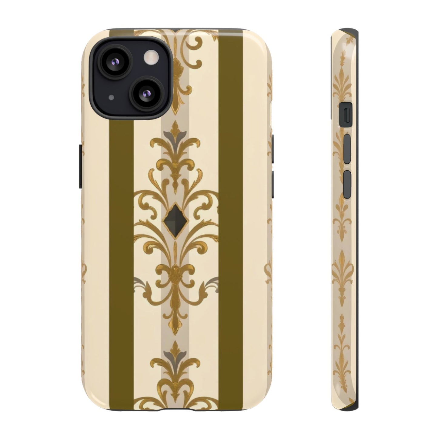 Elegant Floral Motif Phone Case - Tough Cases with Vintage Design - Olive Striped Gold Damask