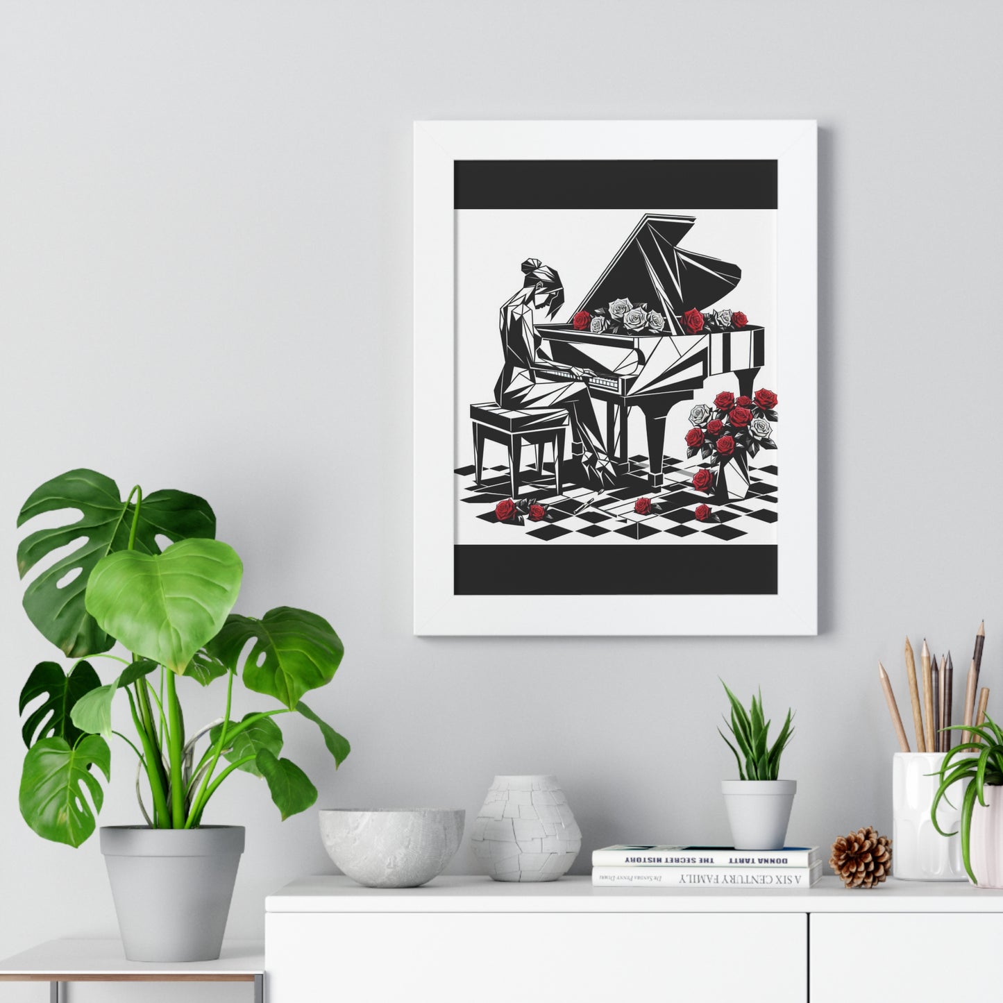 Vertical Poster - Black & White Grand Piano & Red Roses Wall Art