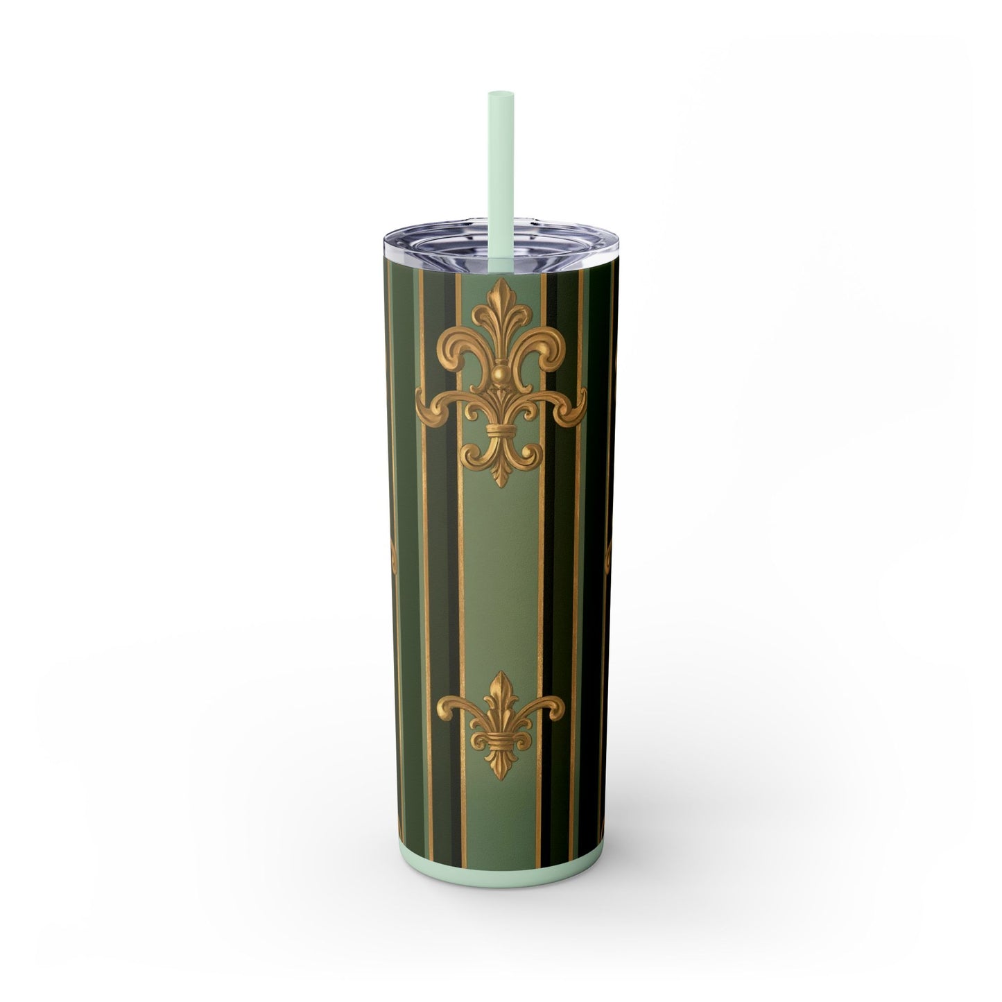 Elegant Green Striped Skinny Tumbler, 20oz Travel Mug, Reusable Cup, Perfect for Gifts, Parties, Home Decor - Green Striped Gold Baroque