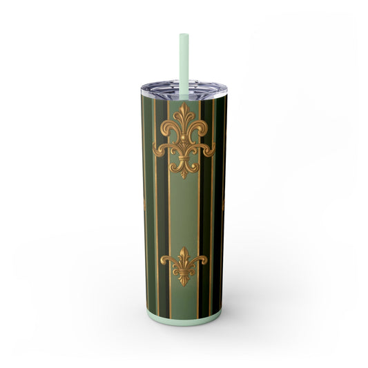 Elegant Green Striped Skinny Tumbler, 20oz Travel Mug, Reusable Cup, Perfect for Gifts, Parties, Home Decor - Green Striped Gold Baroque