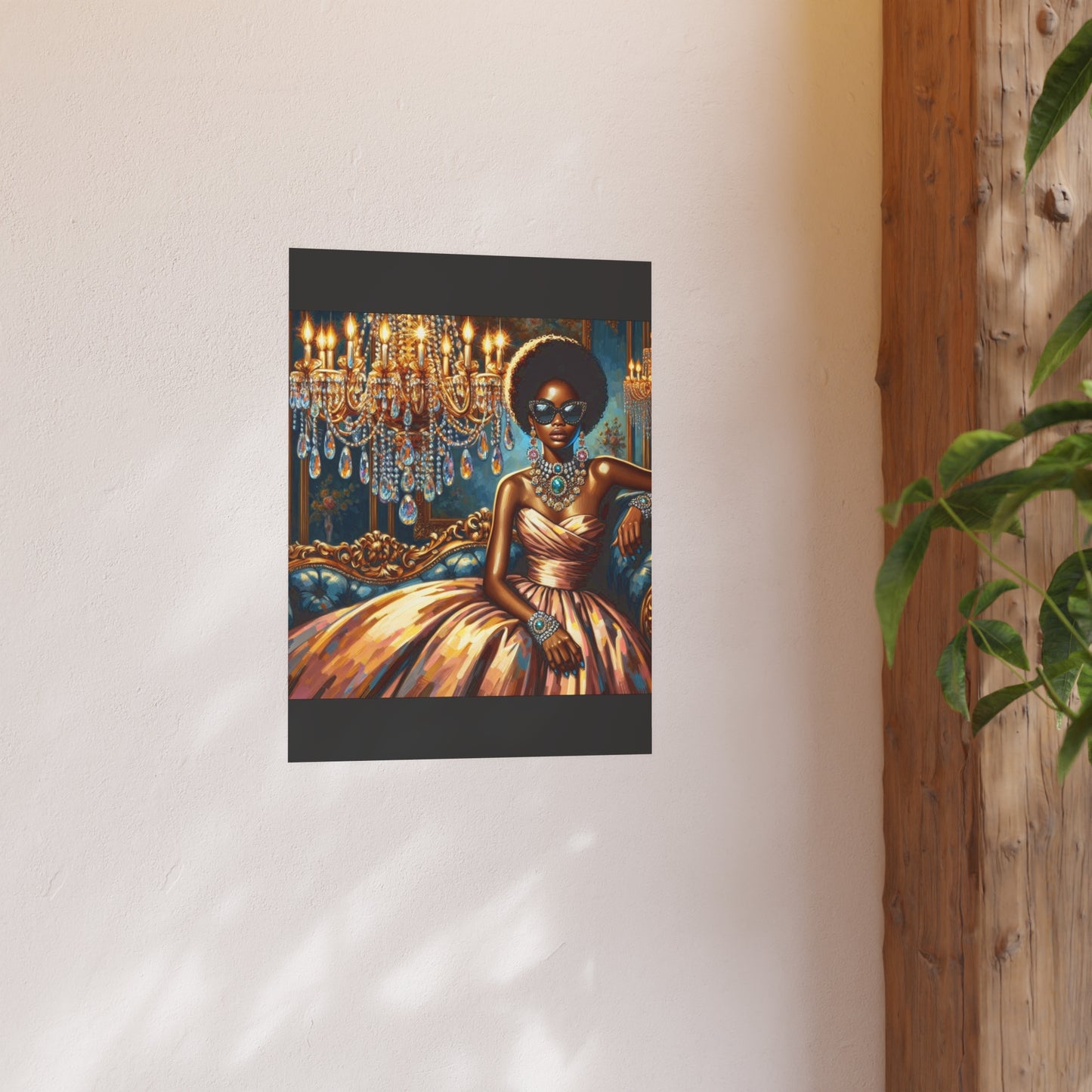 Elegant Glamour Satin Poster, Wall Art Decor, Modern Home Gallery, Gift for Art Lovers, Chic Interior Decoration - Elegant Lady & Chandelier