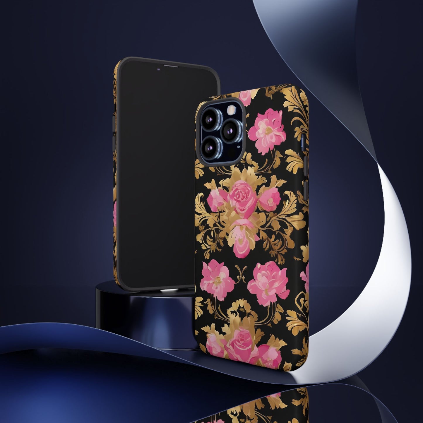 Elegant Floral Motif Phone Case - Tough Cases with Vintage Design - Pink & Gold Roses