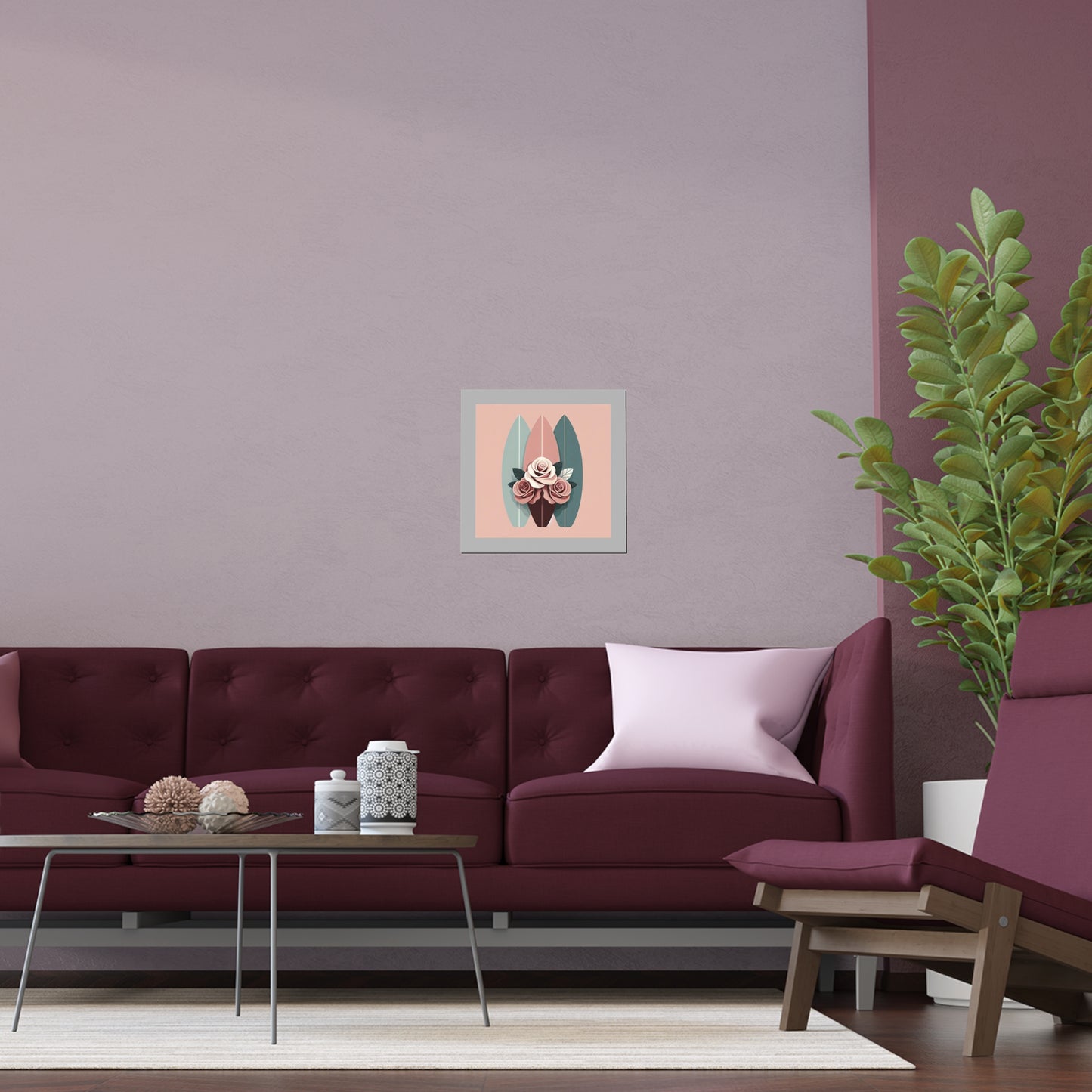 Elegant Floral Silk Poster - Indoor/Outdoor Wall Art for Home Decor - Burgundy, Matte Mauve & Teal Surfboard & Roses