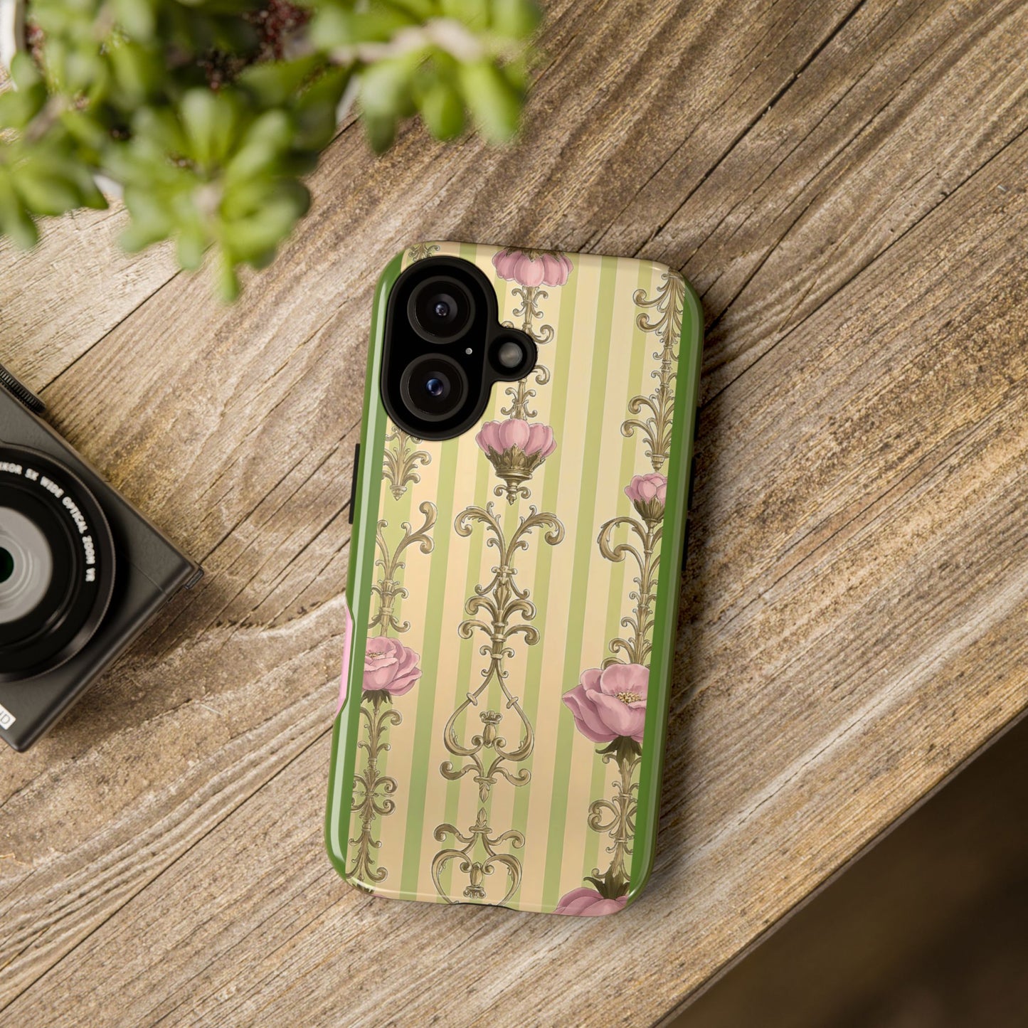 Elegant Floral Motif Phone Case - Tough Cases with Vintage Design - Lime Green & Pink Striped Damask