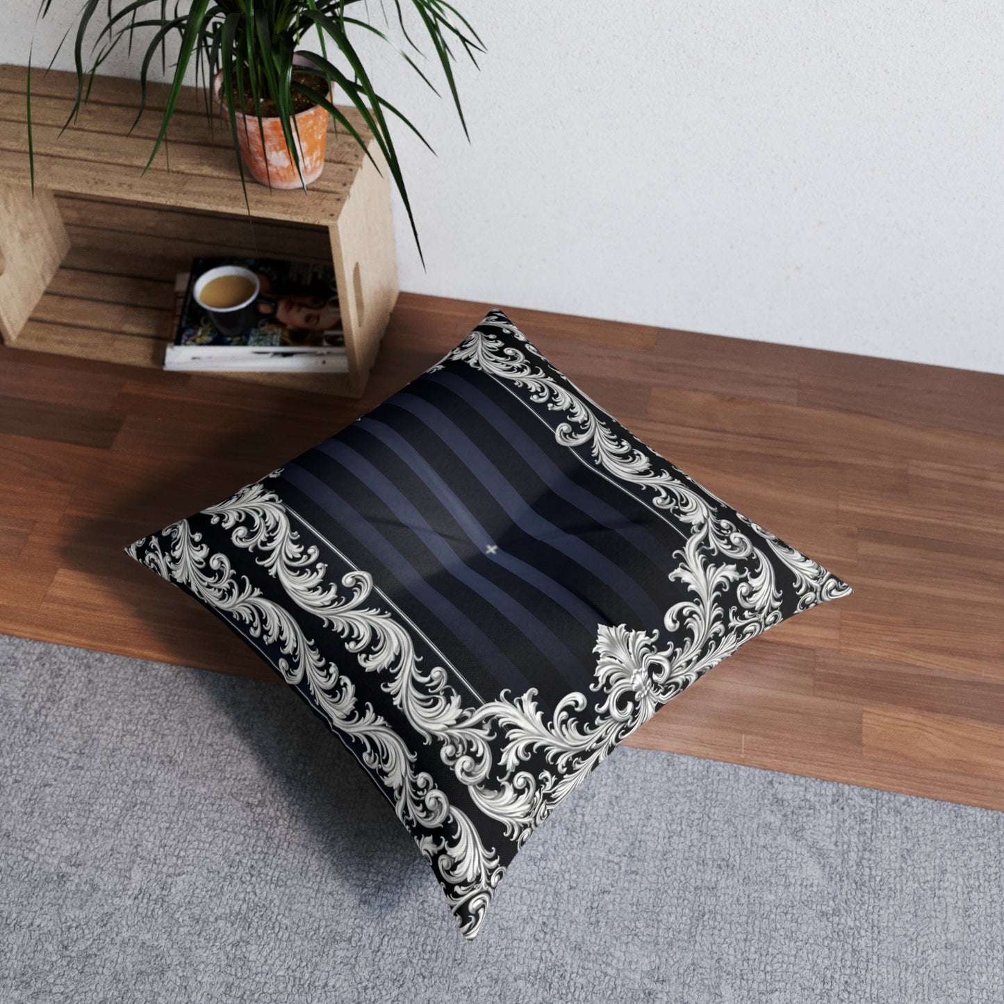 Navy Stripes & Baroque Tufted Floor Pillow — Luxurious Navy & Silver Decorative Cushion