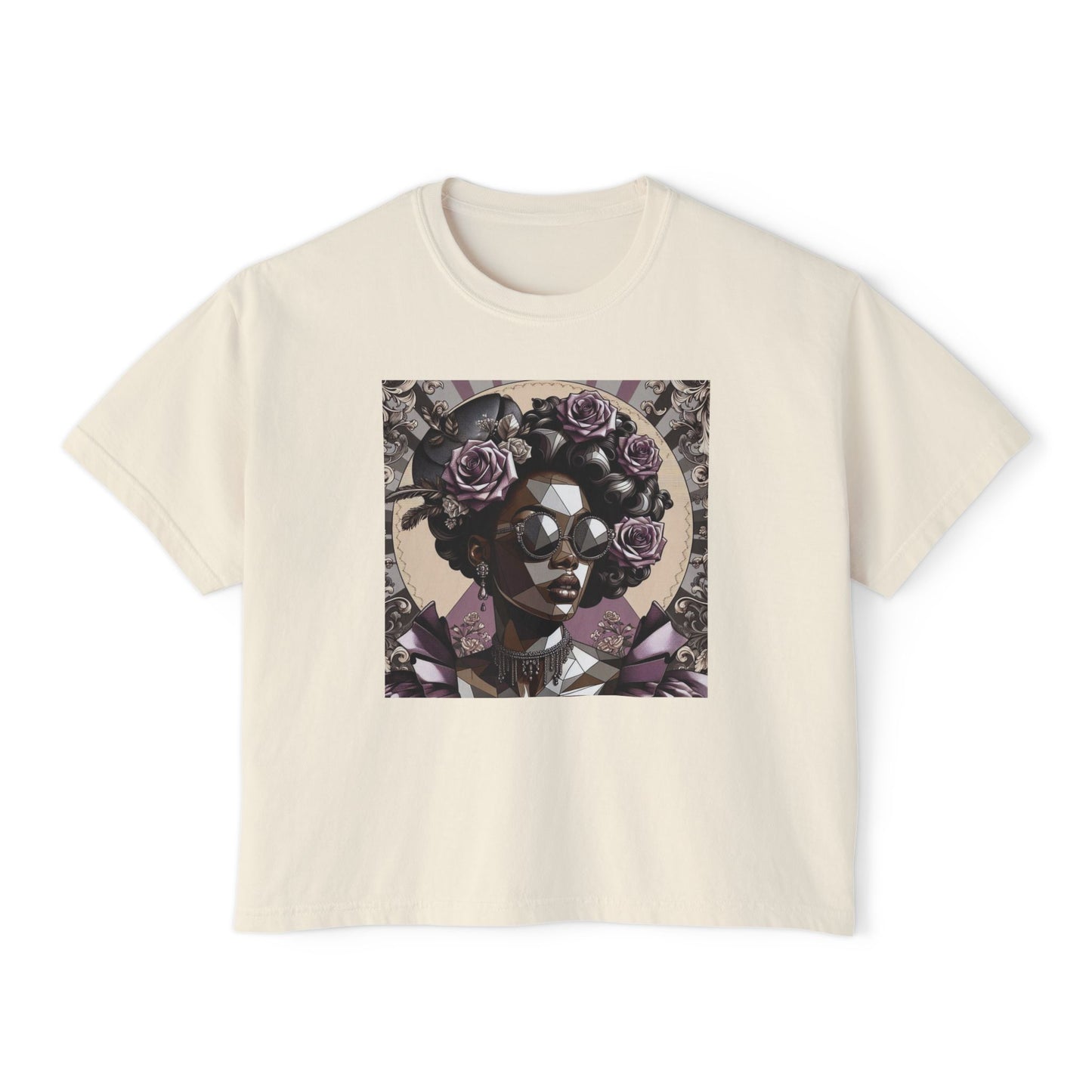 Afro Art Women's Boxy Tee, Casual Summer Fashion, Poly Art Style Top, Gifts for Her, Festival Wear - Lilac Baroque Lady