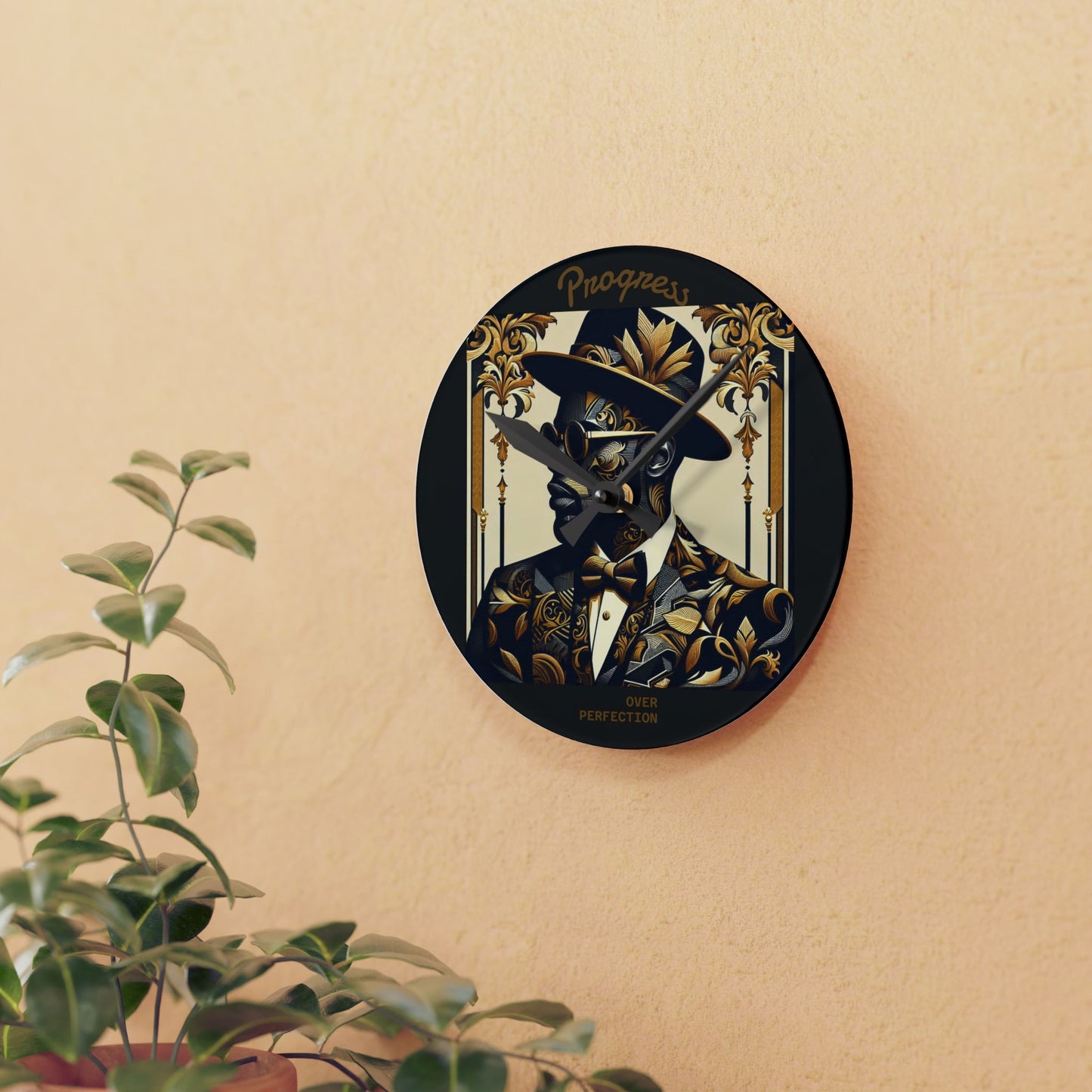 Elegant Acrylic Wall Clock with Inspirational Quote | Modern Home Decor | Unique Gift for Housewarming - Progress Over Perfection - Suited Man