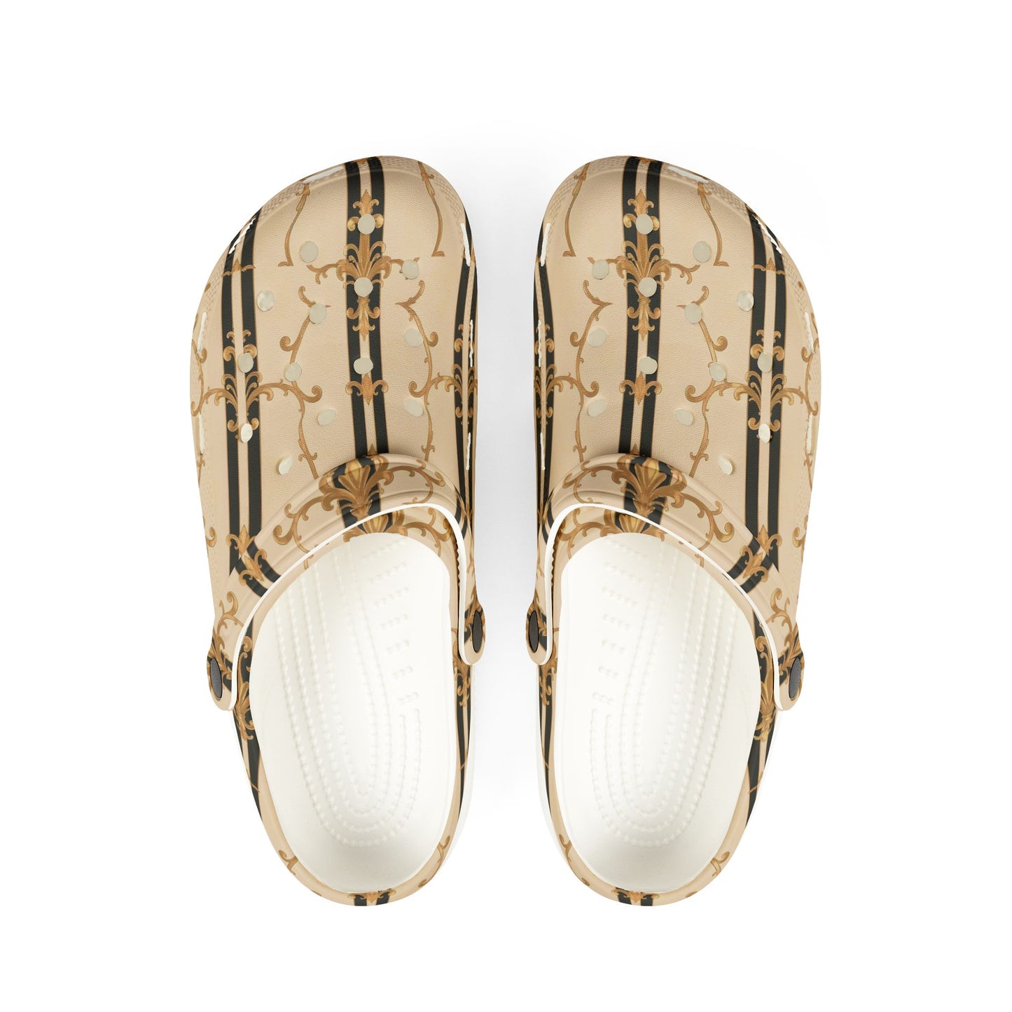 Stylish EVA Foam Clogs - Trendy Comfort for Home & Garden, Fashionable Slides, Casual Footwear - Black & Beige Striped Damask