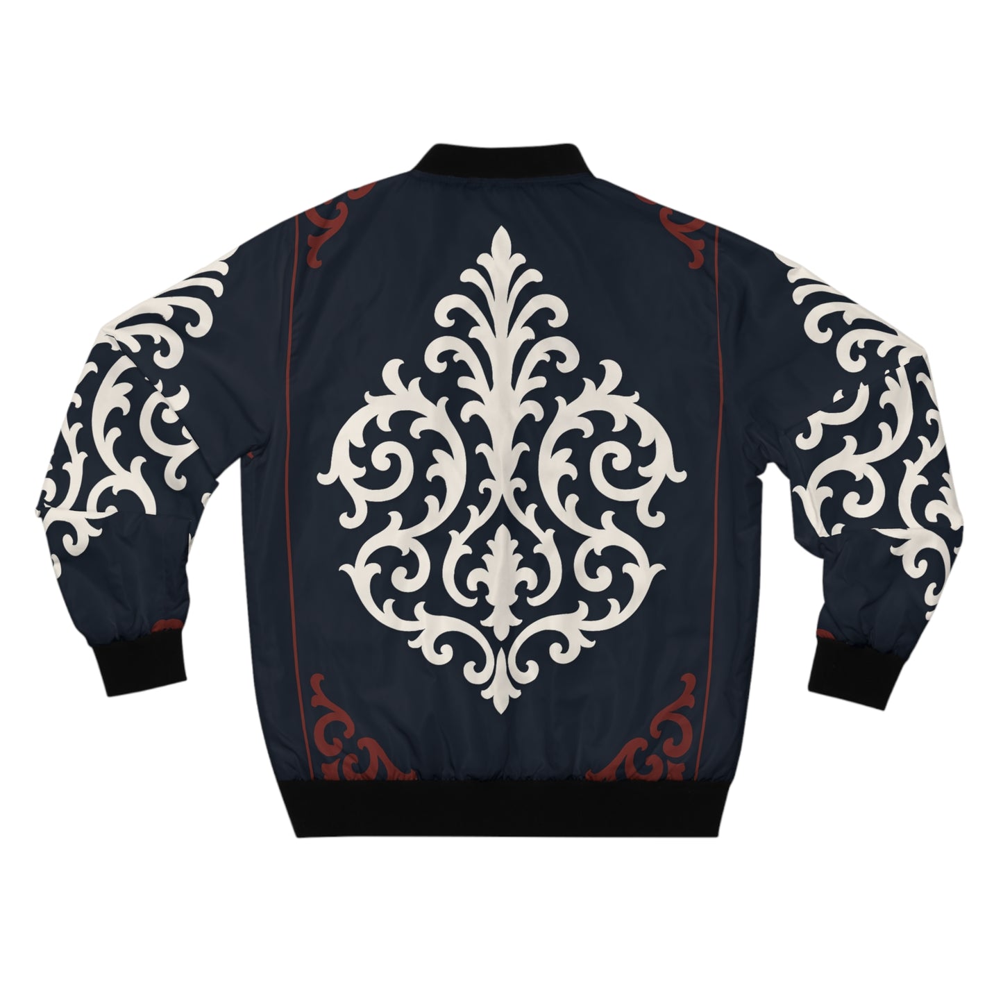 Dusk Blue & Maroon-White Baroque Bomber Jacket — Men's Ornate AOP Flight Jacket
